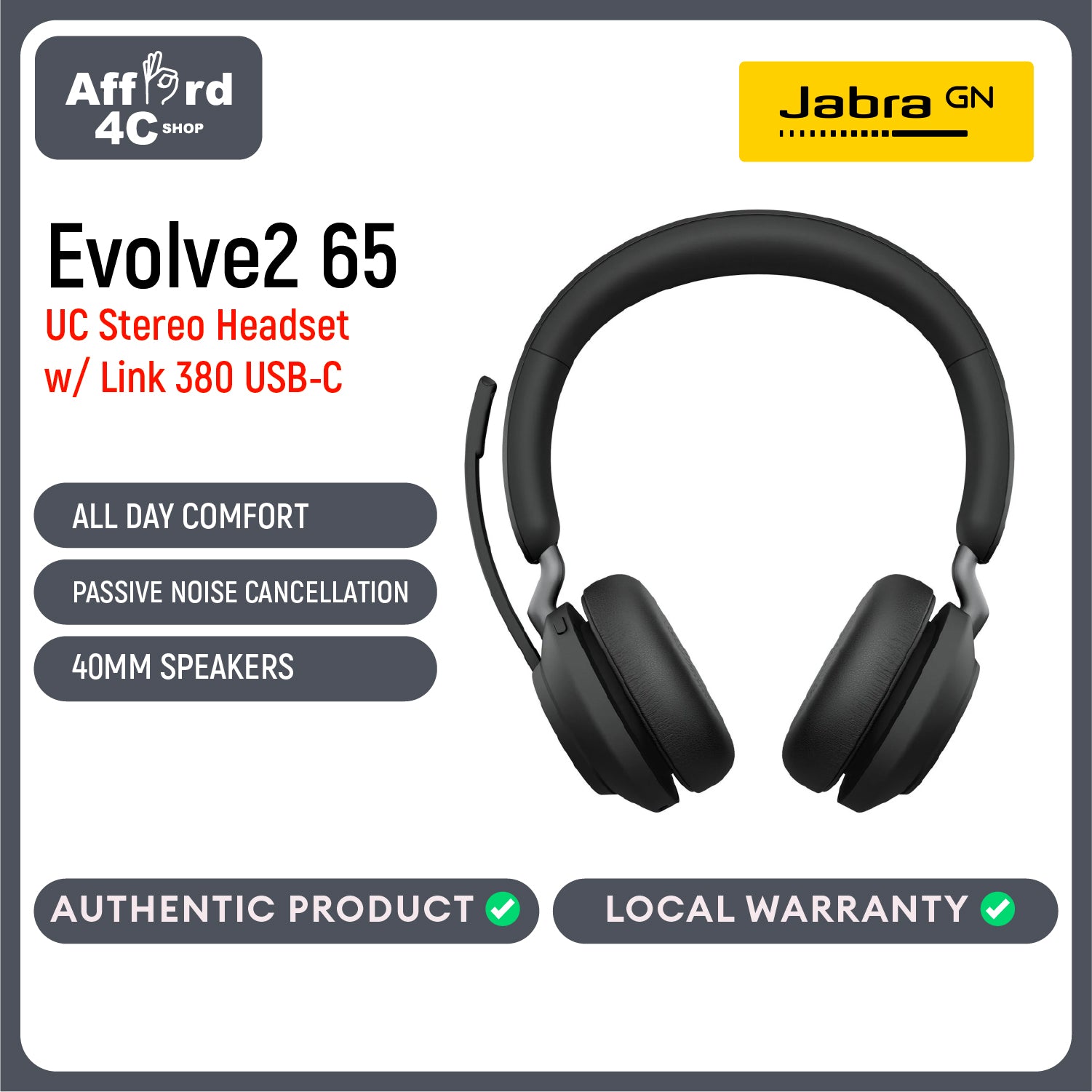 Jabra Evolve2 65 MS Stereo Headset With Link 380 USB-C Wireless Adapter (Black)