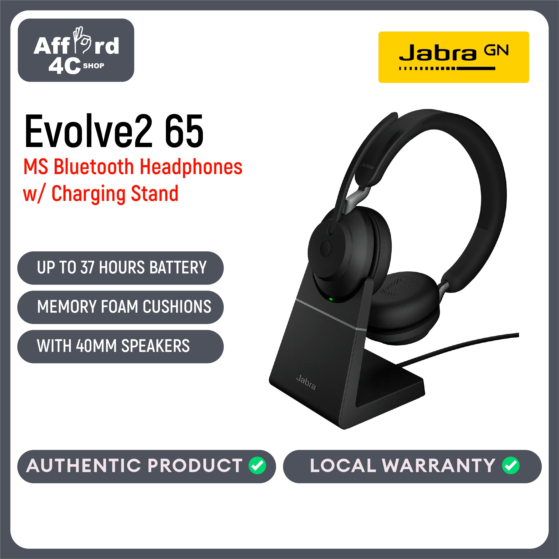 Jabra Evolve2 65 MS Stereo Headset - Bluetooth Headphones With Link 380 USB-C Wireless Adapter and Charging Stand