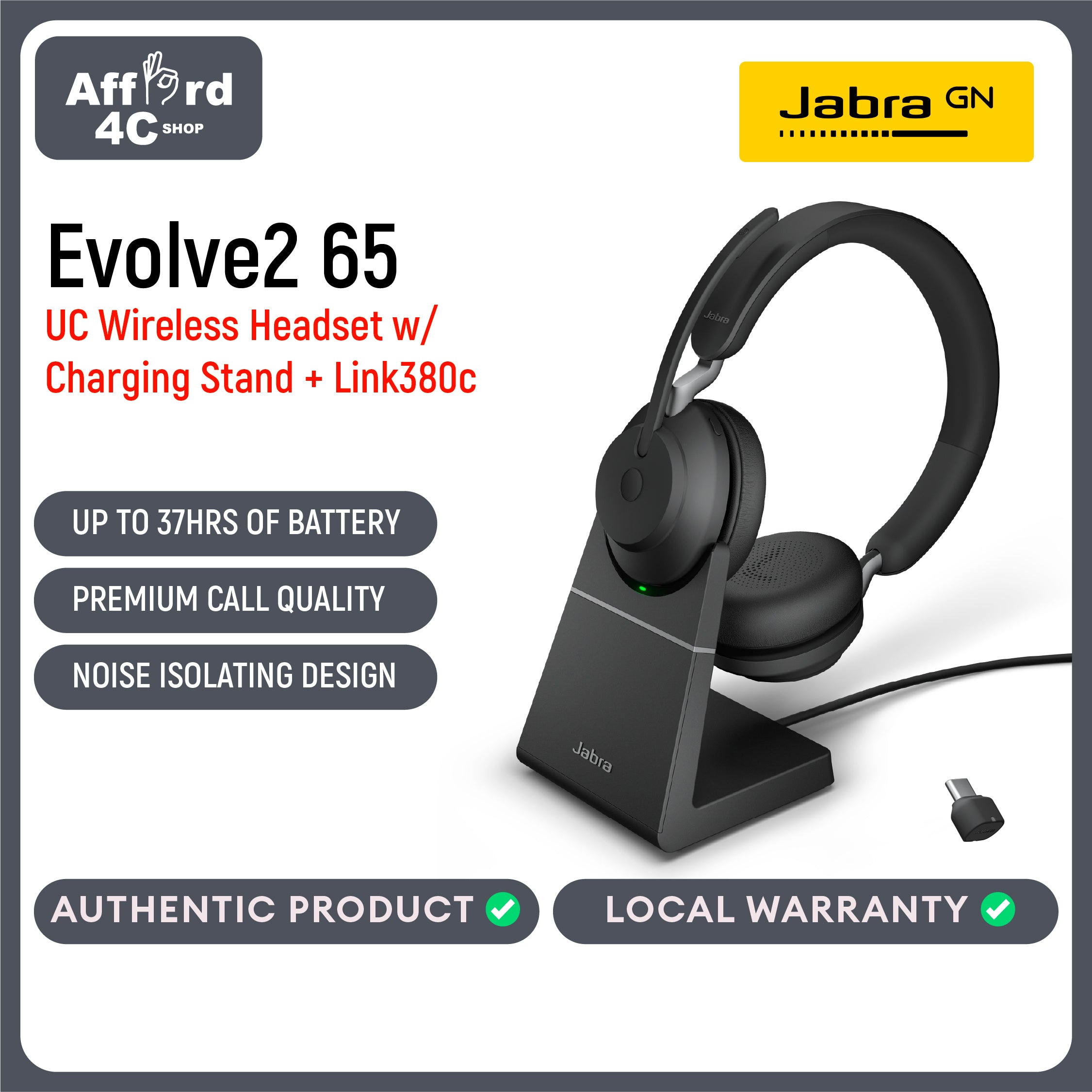 Jabra Evolve2 65 MS Stereo Headset - Bluetooth Headphones With Link 380 USB-C Wireless Adapter and Charging Stand