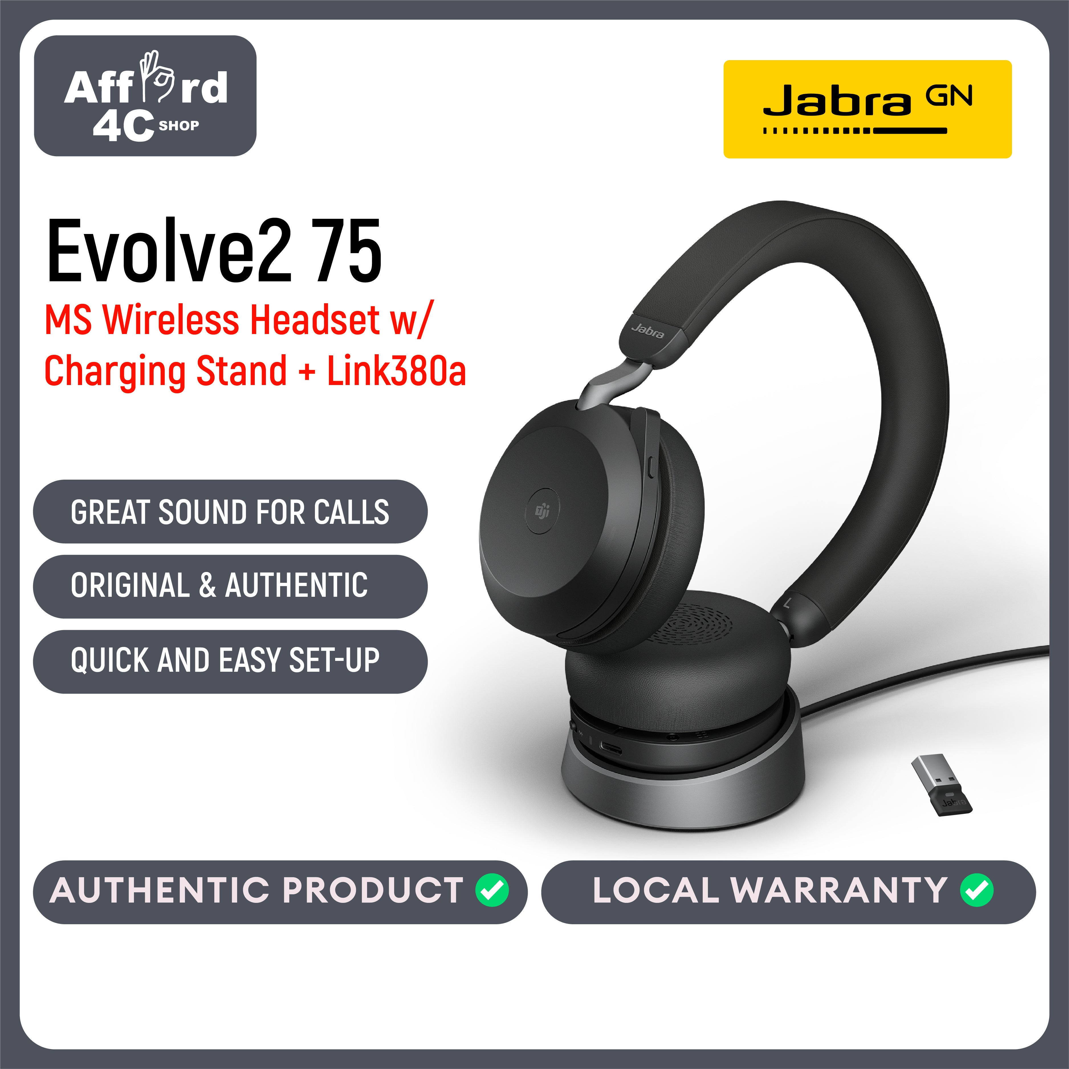 Jabra Evolve2 75 Wireless Headset with Charging Stand and 8-Mic Technology - Dual Foam Stereo Headphones with Advanced Active Noise Cancelling, USB-A Bluetooth Adapter