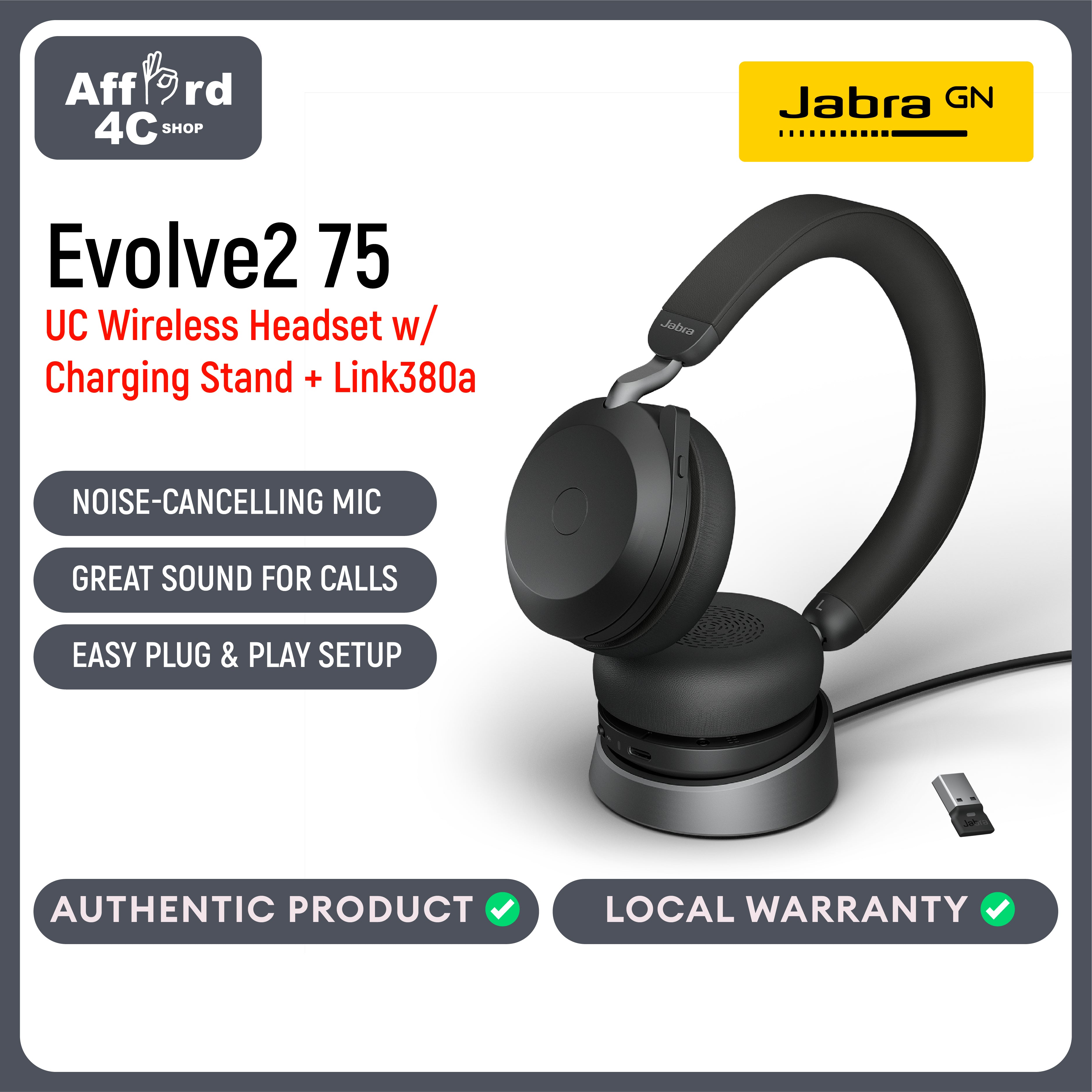 Jabra Evolve2 75 Wireless Headset with Charging Stand and 8-Mic Technology - Dual Foam Stereo Headphones with Advanced Active Noise Cancelling, USB-A Bluetooth Adapter