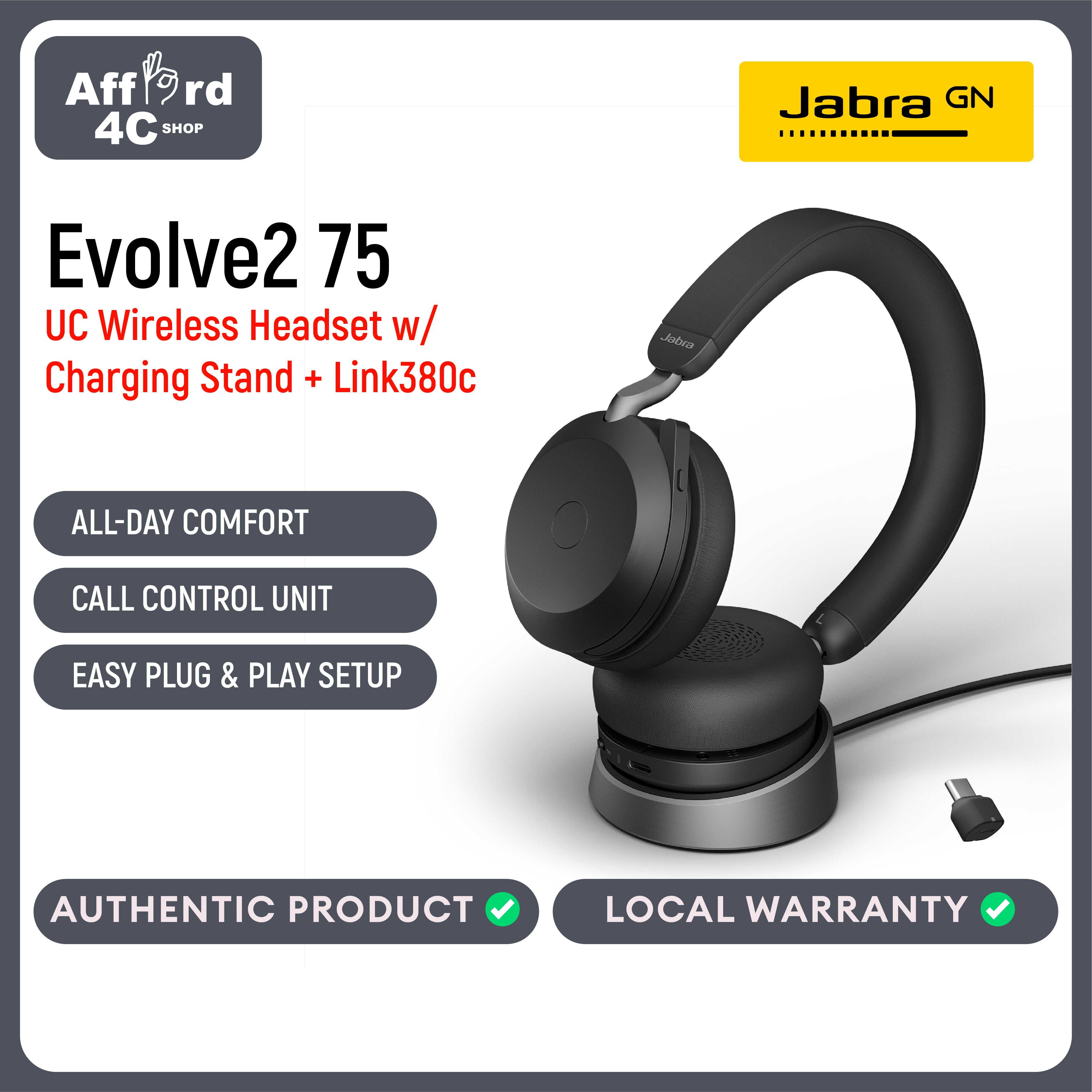 Jabra Evolve2 75 USB-C Bluetooth Adapter Wireless Headset with Charging Stand and 8-Mic Technology - Dual Foam Stereo Headphones with Advanced Active Noise Cancelling