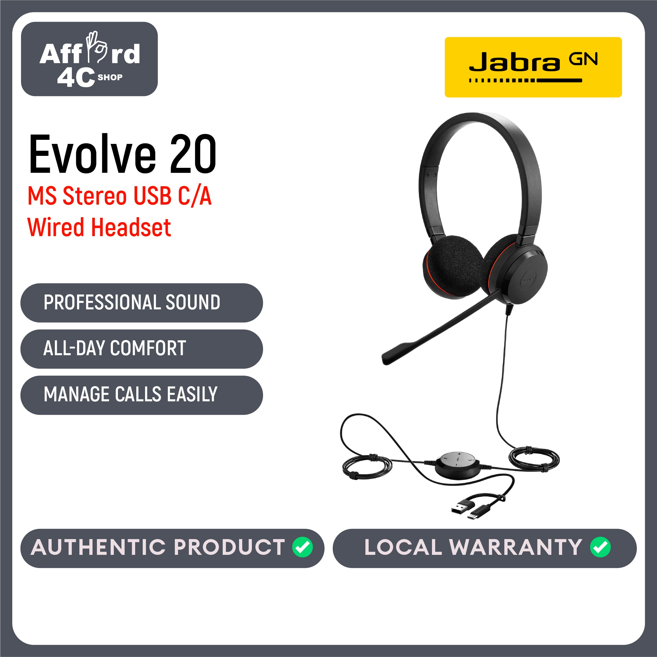 Jabra Evolve 20 MS Stereo USB-A or USB-C/A Headset