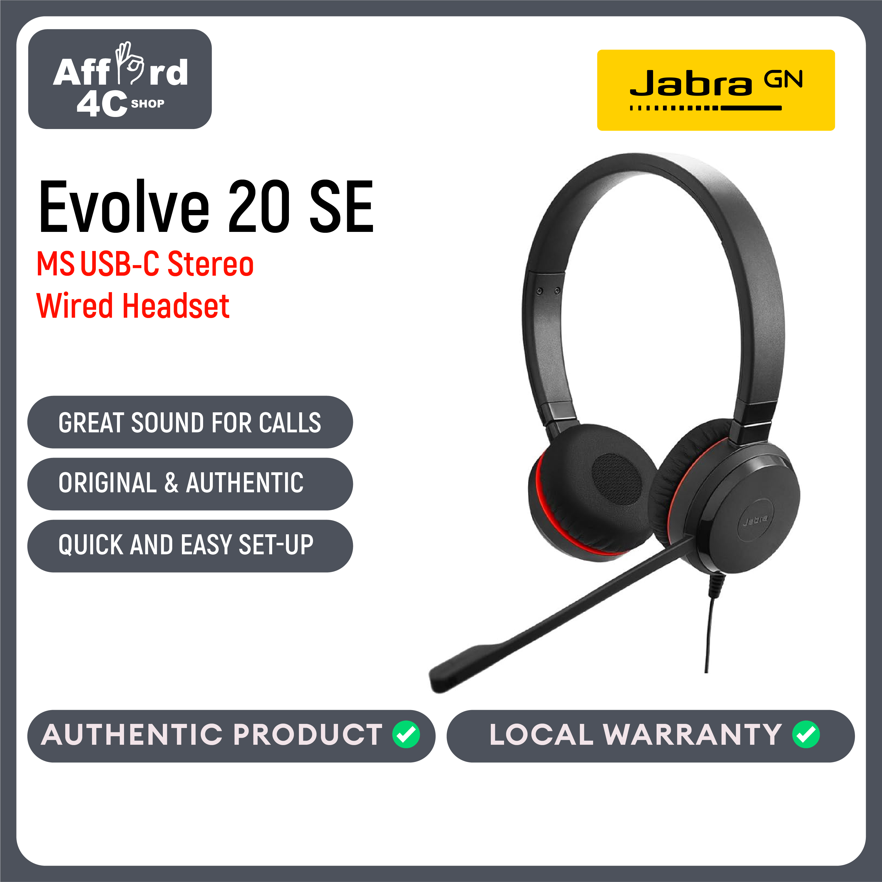 Jabra Evolve 20 SE USB-C Stereo Wired Headset Leatherette Cushion
