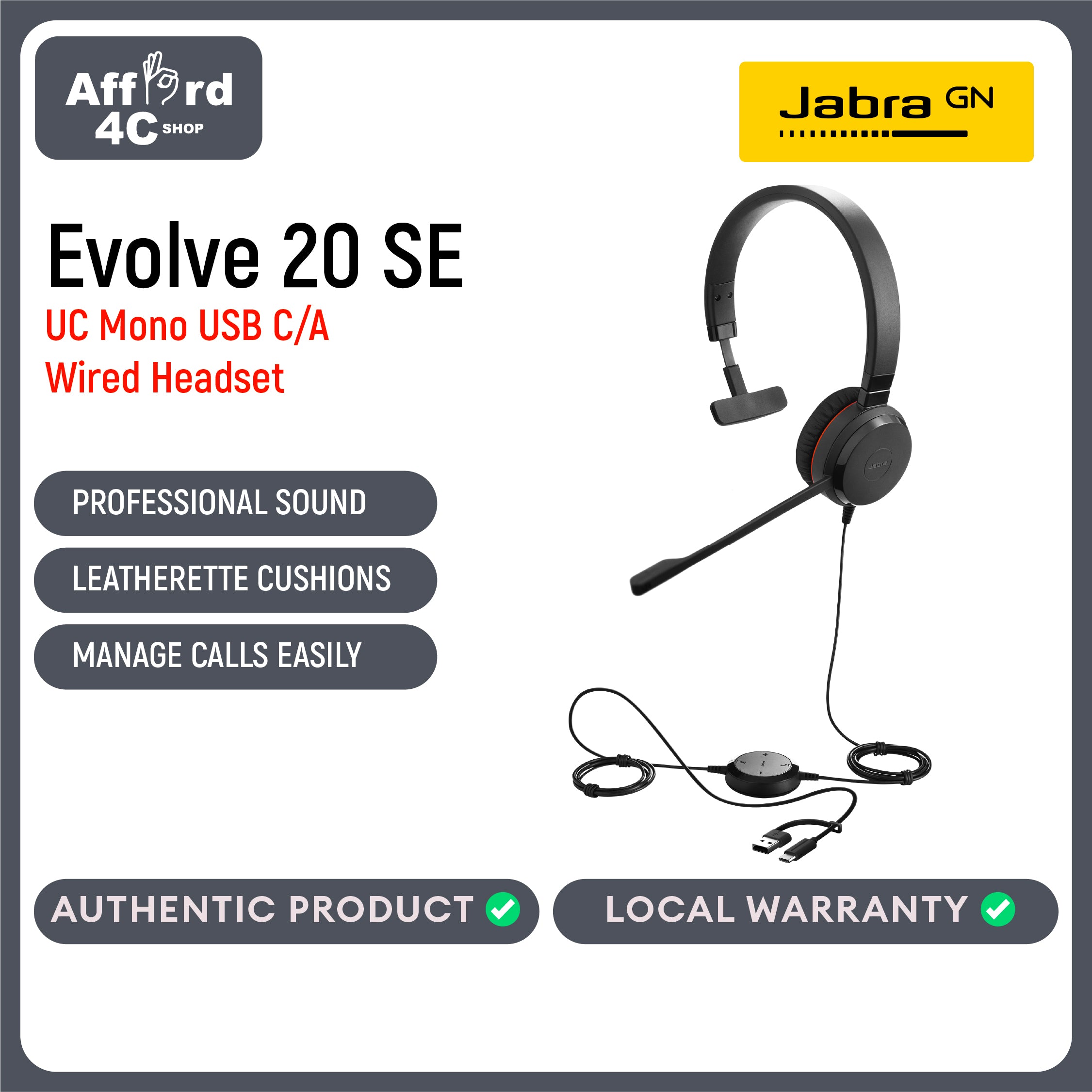 Jabra Evolve 20 SE UC Mono USB-C/A Headset with Passive Noise Cancellation
