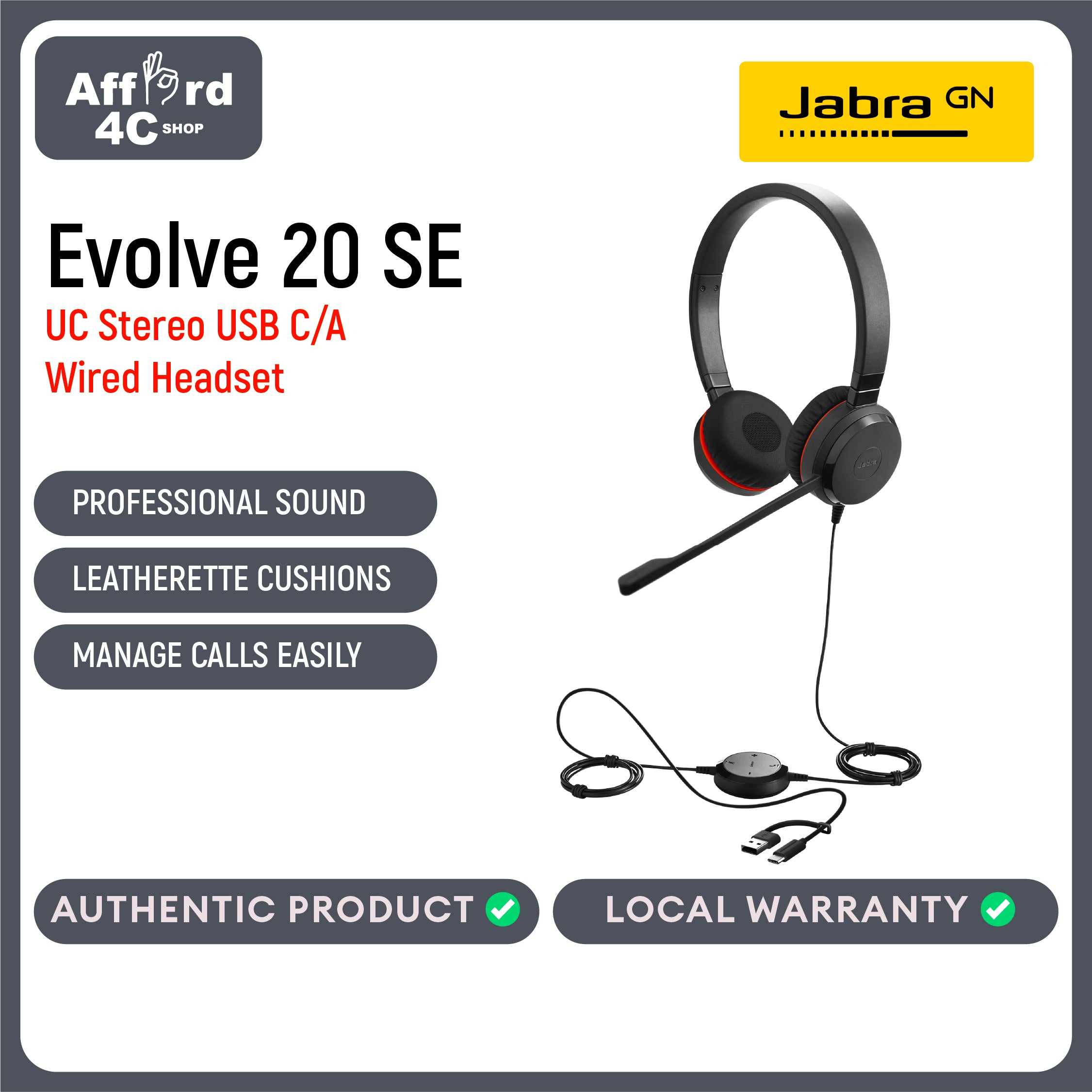 Jabra Evolve 20 SE UC USB-C/A or USB-A Stereo Wired Headset Leatherette Cushion