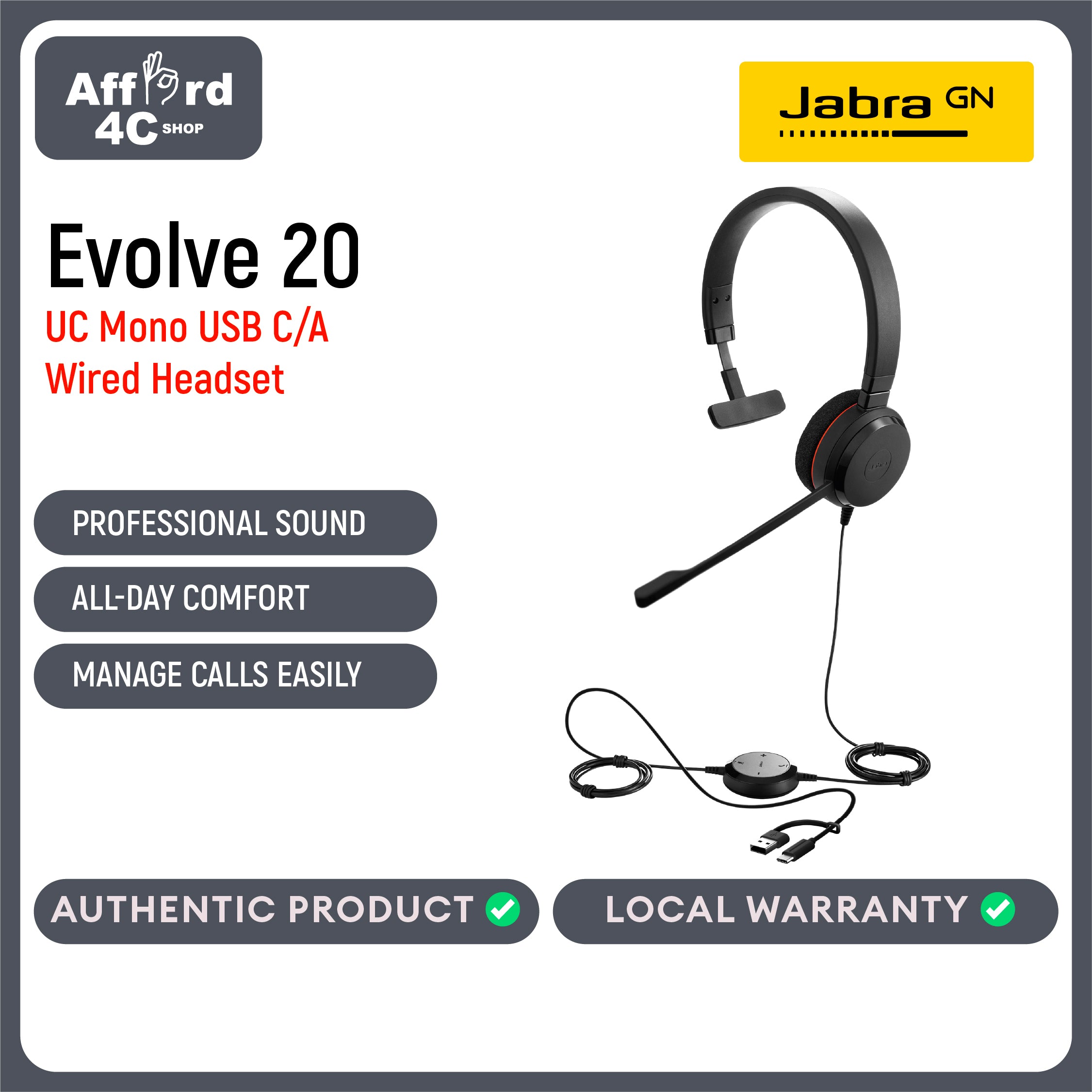 Jabra Evolve 20 UC USB-C/A Mono Headset