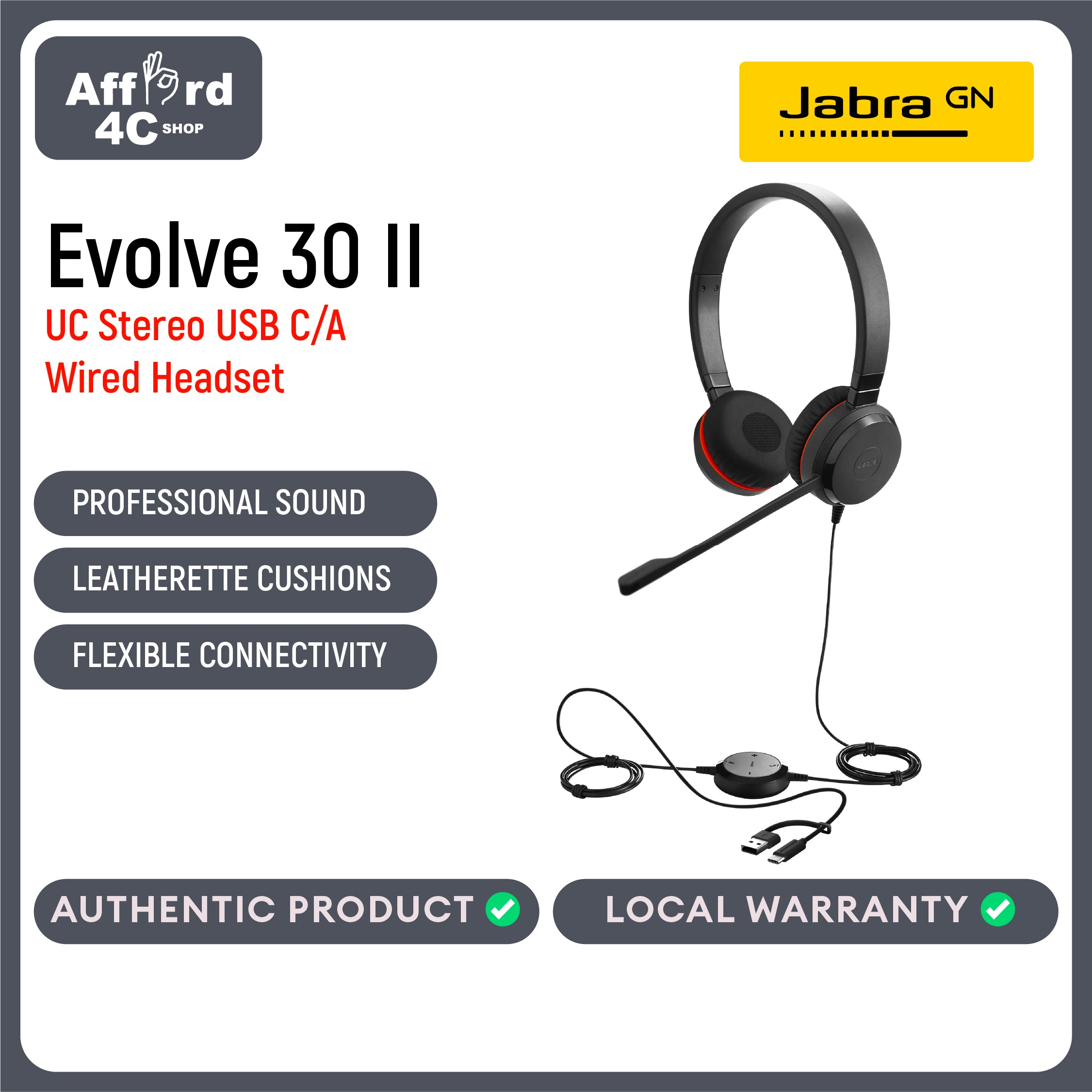 Jabra Evolve 30 II UC USB-C/A or USB-A Stereo Wired Headset/Music Headphones