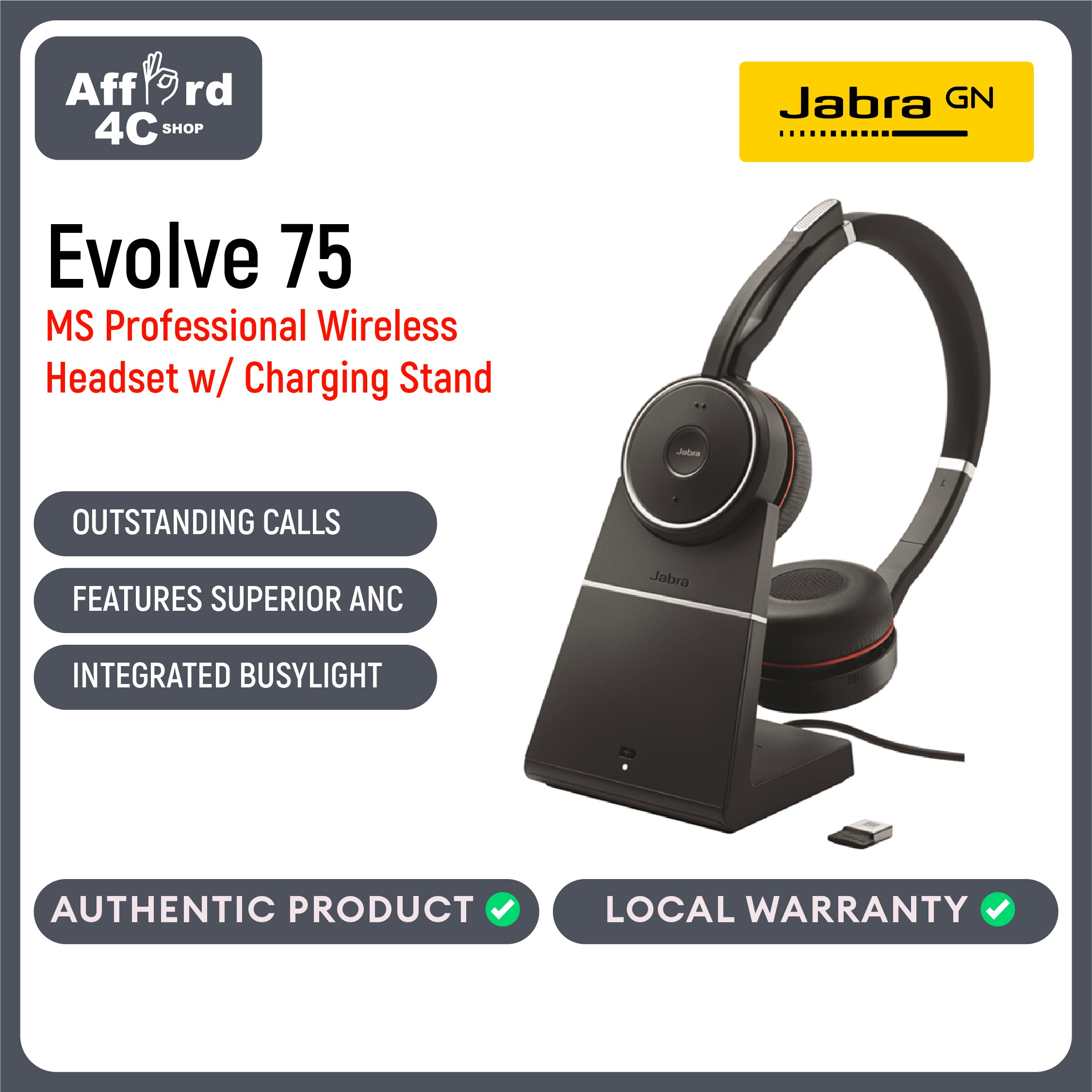 Jabra Evolve 75 - Professional Wireless Headset With Active Noise Cancellation + Link 370 USB Dongle with Charging Stand