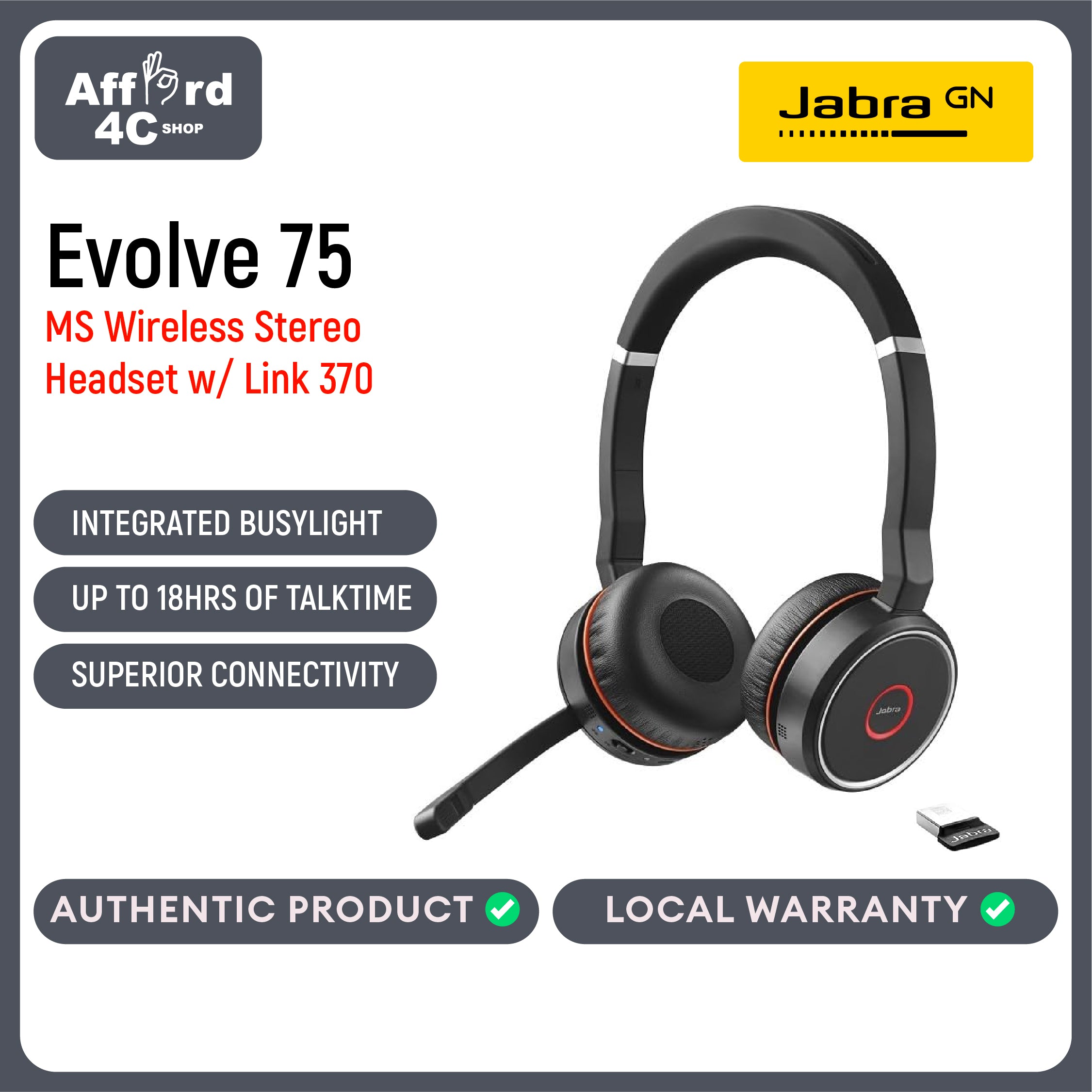 Jabra Evolve 75 - Professional Wireless Headset With Active Noise Cancellation + Link 370 USB Dongle