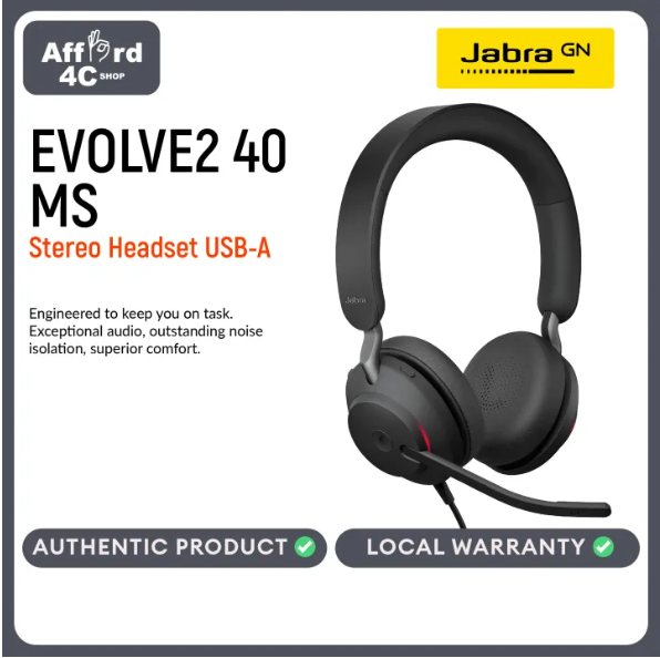 Jabra Evolve2 40 Stereo Wired Headsets USB-A Passive Noise Cancelling Headphones