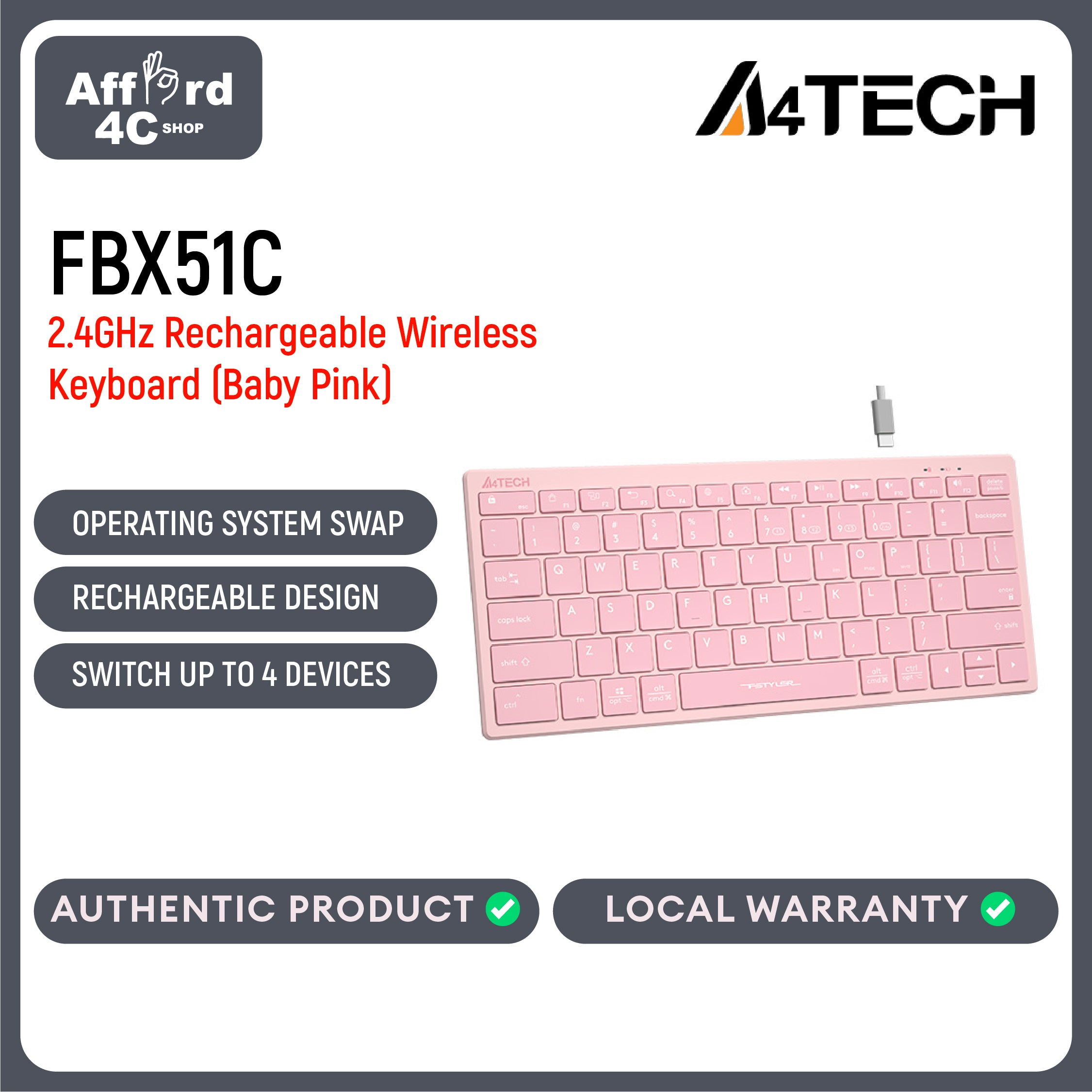 A4Tech FBX51C Bluetooth & 2.4G Wireless Dual Mode Rechargeable Keyboard