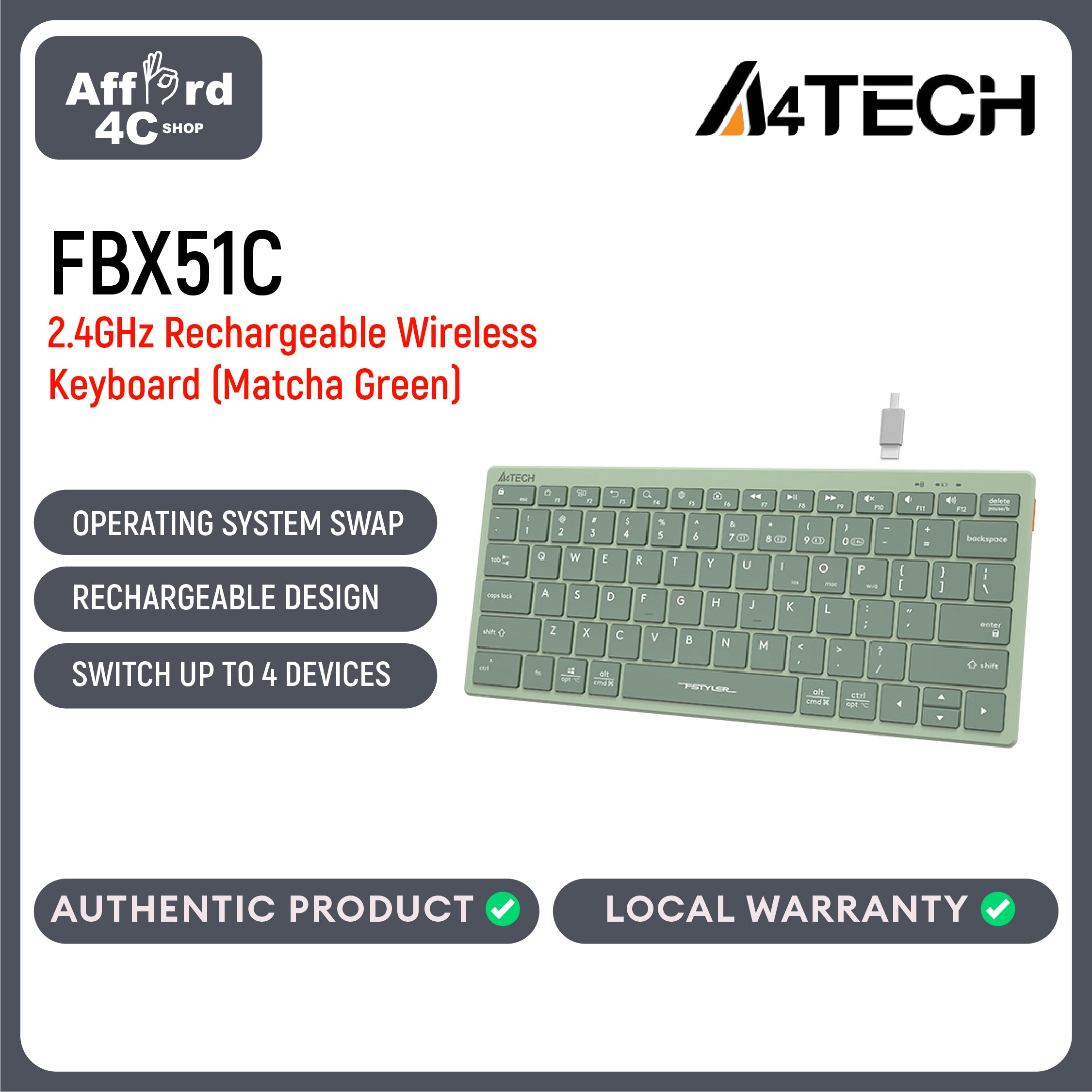 A4Tech FBX51C Bluetooth & 2.4G Wireless Dual Mode Rechargeable Keyboard