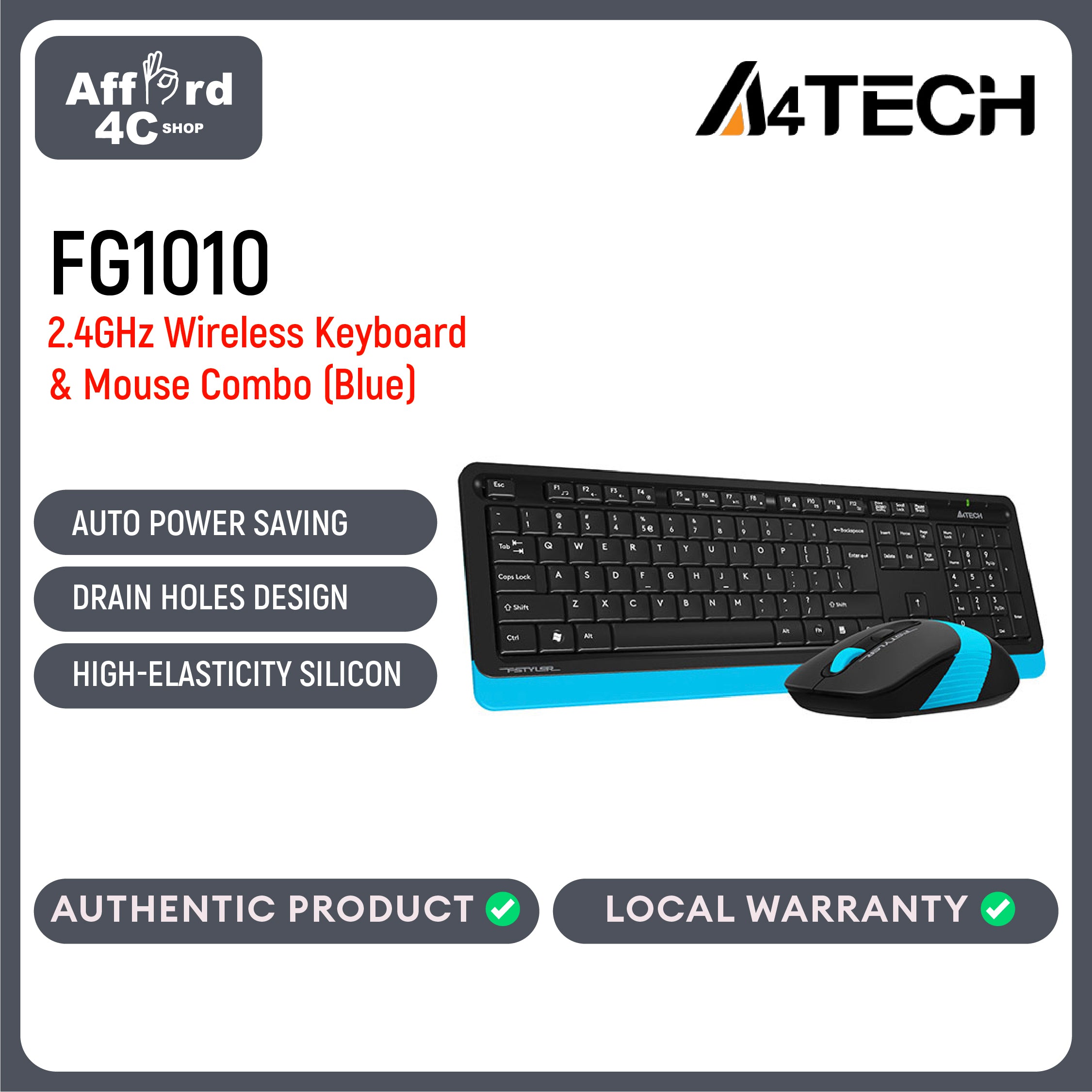 A4tech FG1010 Fstyler 2.4G Power-Saving Wireless Keyboard and Mouse Combo Set - Blue