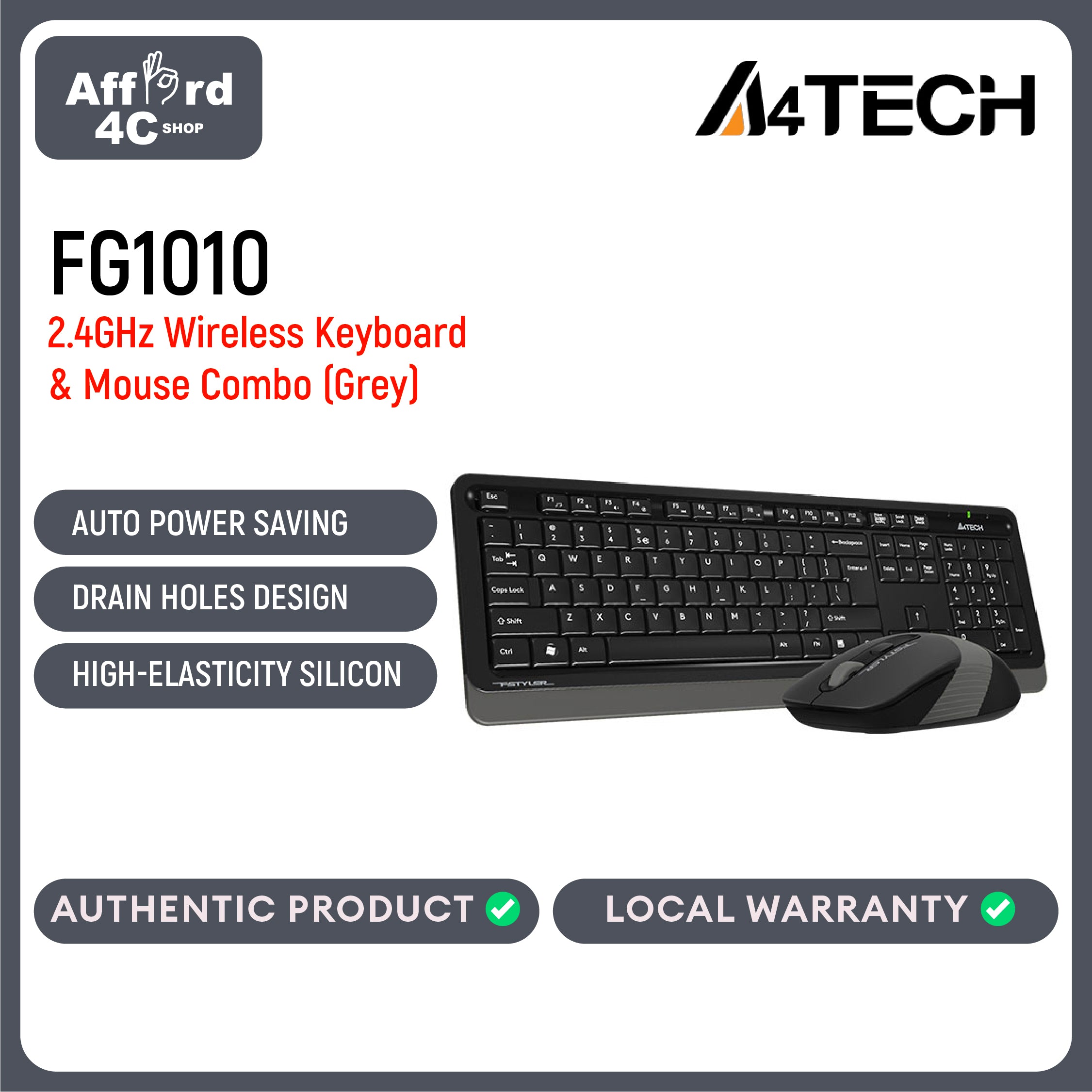 A4tech FG1010 Fstyler 2.4G Power-Saving Wireless Keyboard and Mouse Combo Set - Grey