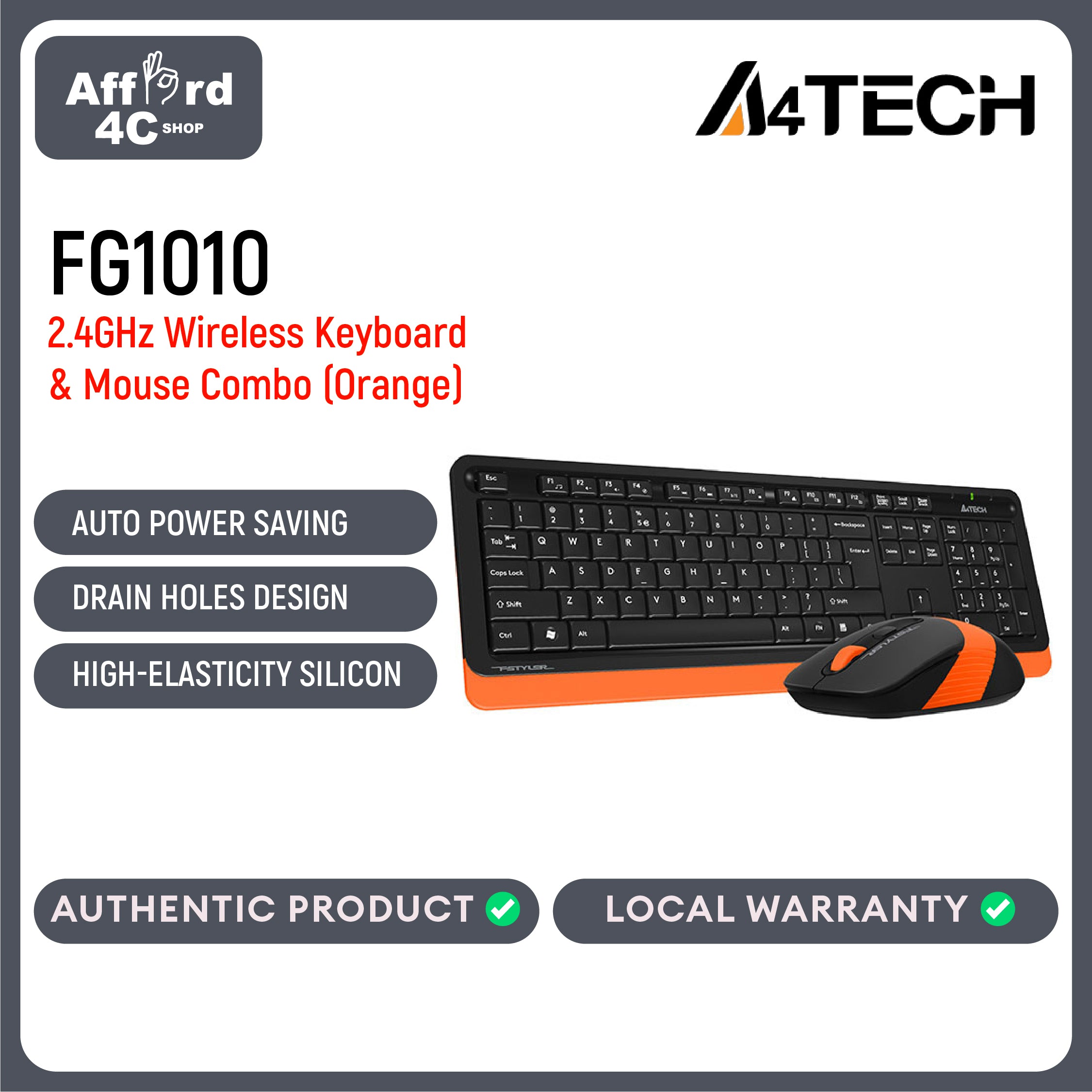 A4tech FG1010 Fstyler 2.4G Power-Saving Wireless Keyboard and Mouse Combo Set - Orange