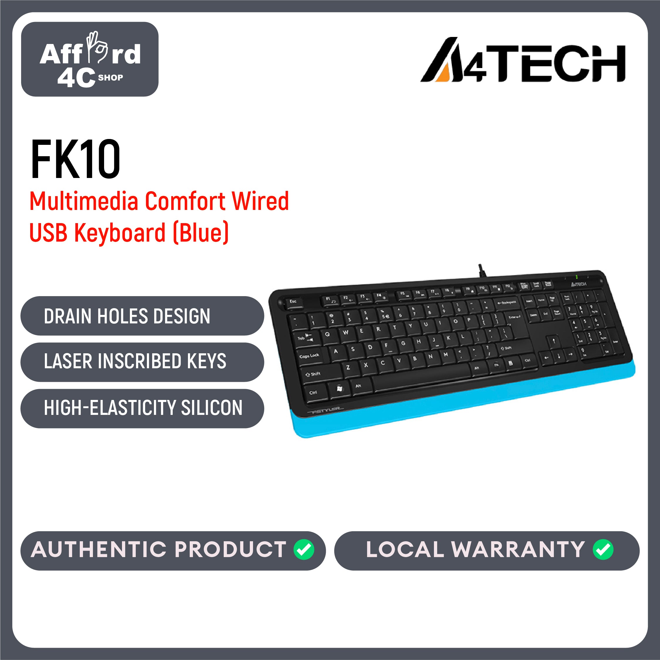 A4Tech Fstyler FK10 Sleek Multimedia Comfort Wired USB Keyboard