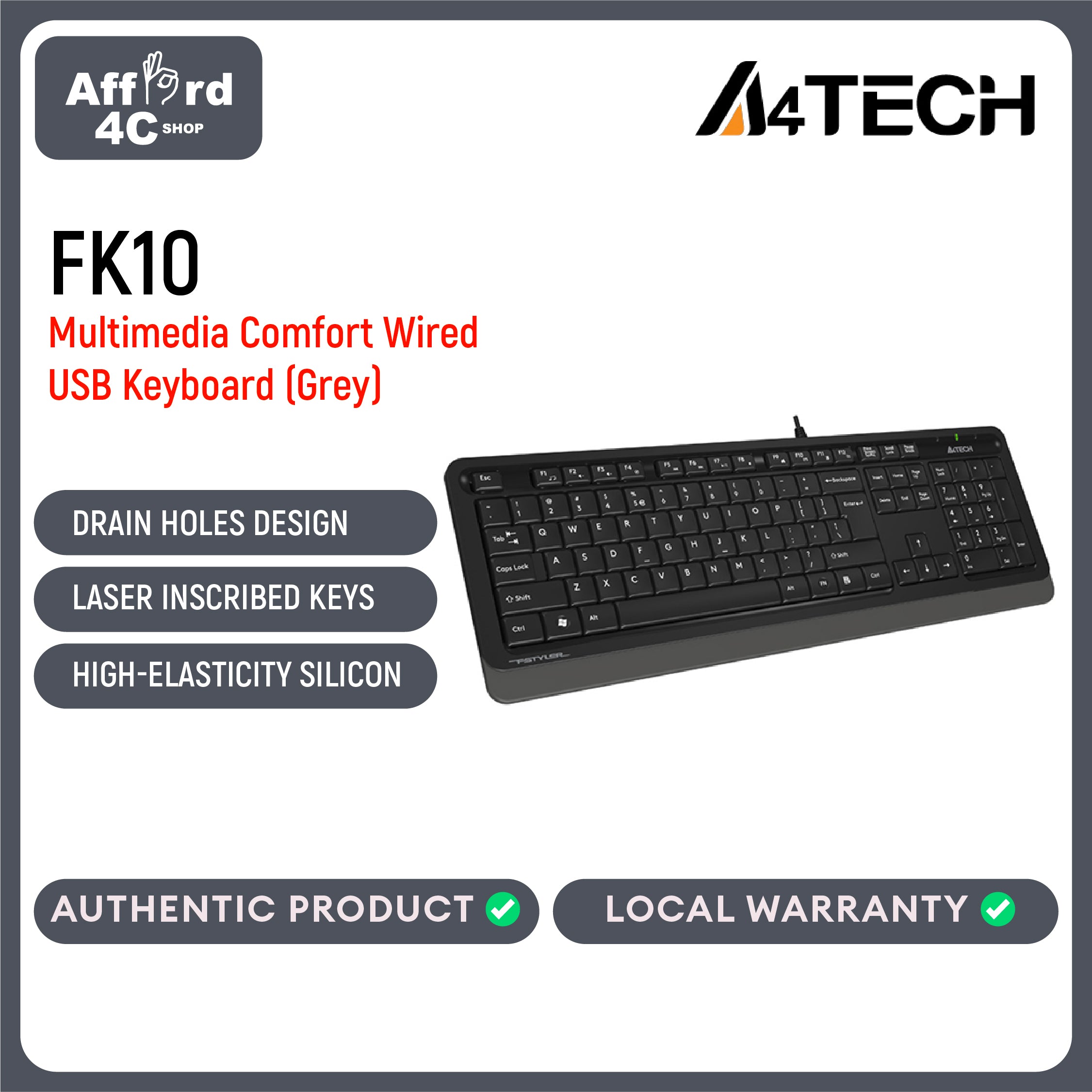 A4Tech Fstyler FK10 Sleek Multimedia Comfort Wired USB Keyboard