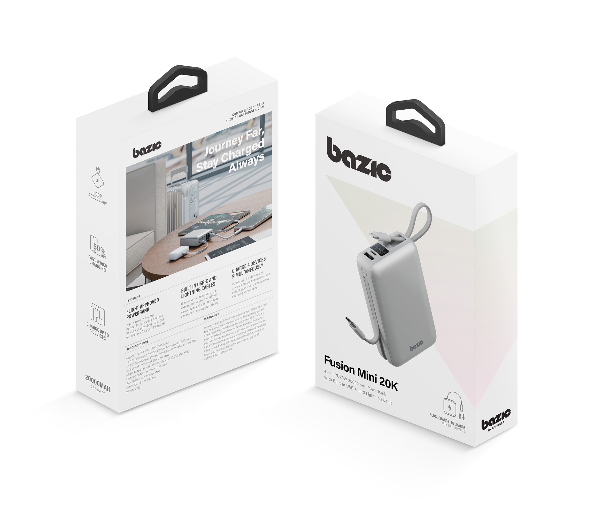 Bazic GoPower Fusion Mini 20K, 3In1 20000Mah Powerbank with Built-In USB-C and Lightning Cable
