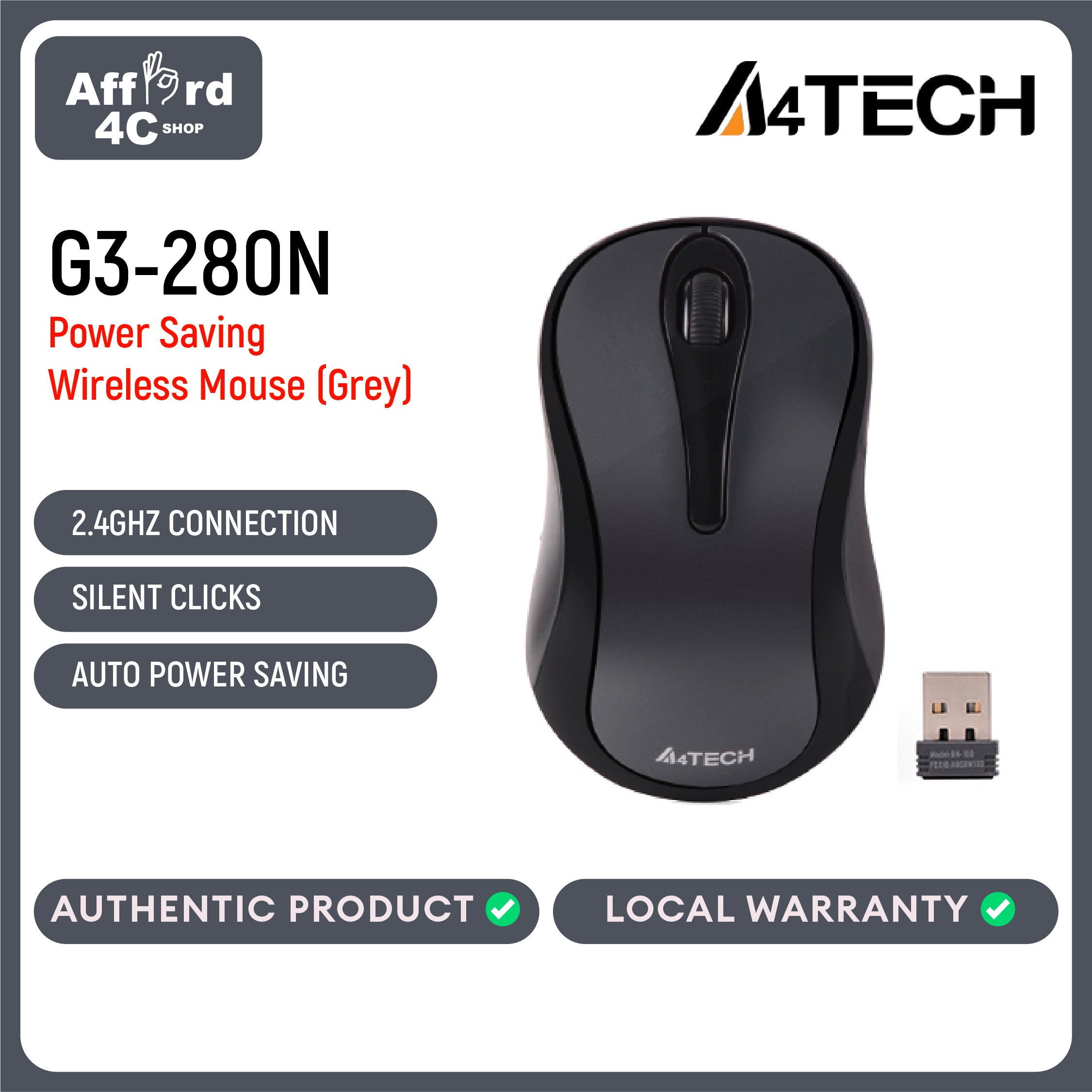 A4Tech G3-280N Wireless Mouse - Grey