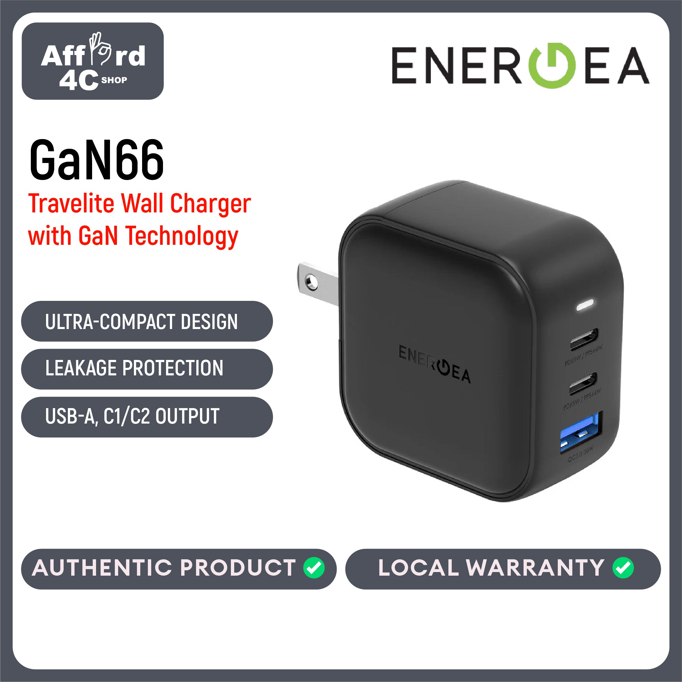 Energea Travelite GAN66 Wall Charger