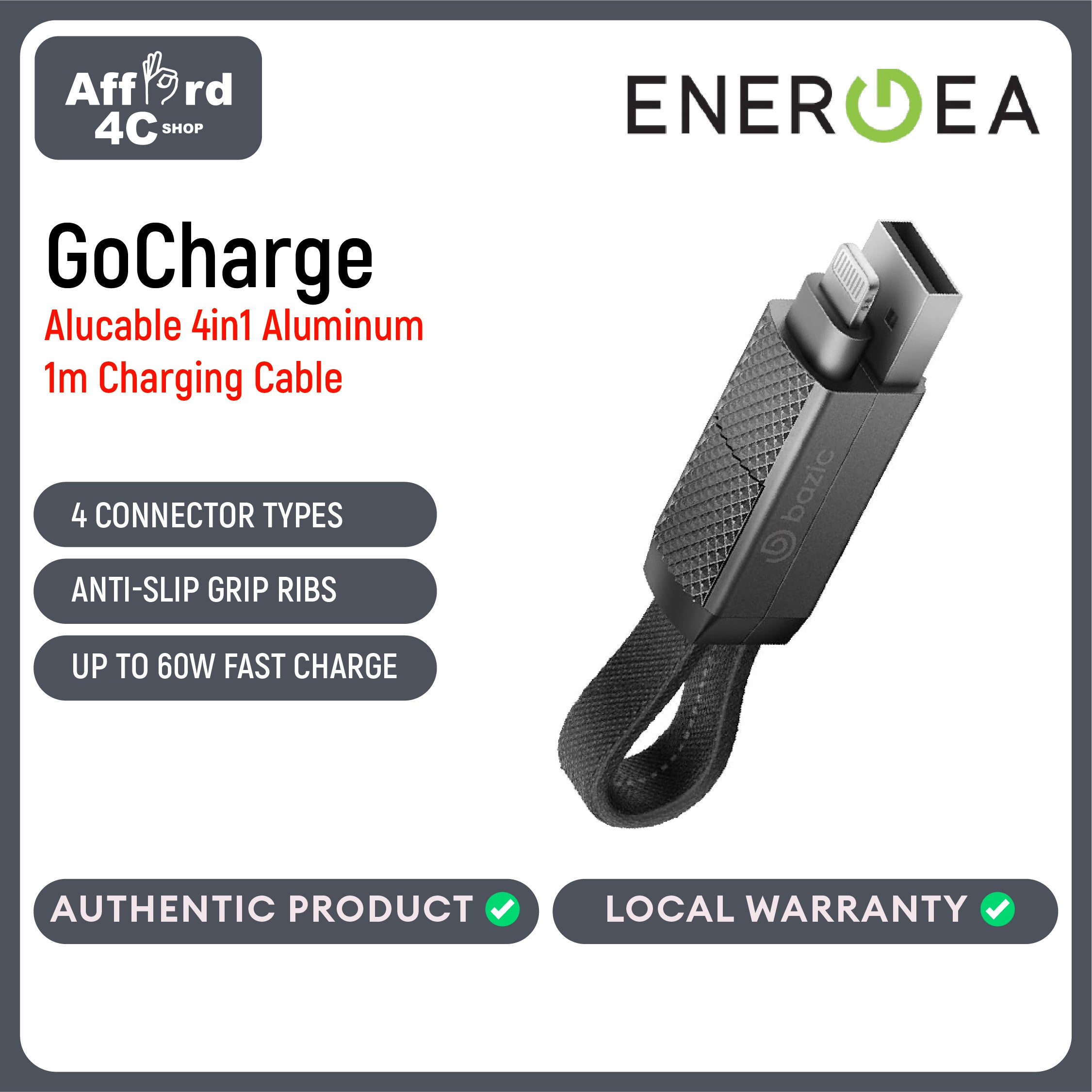 Bazic by Energea GoCharge Alucable 4in1 Aluminum 1m Charging Cable - Black