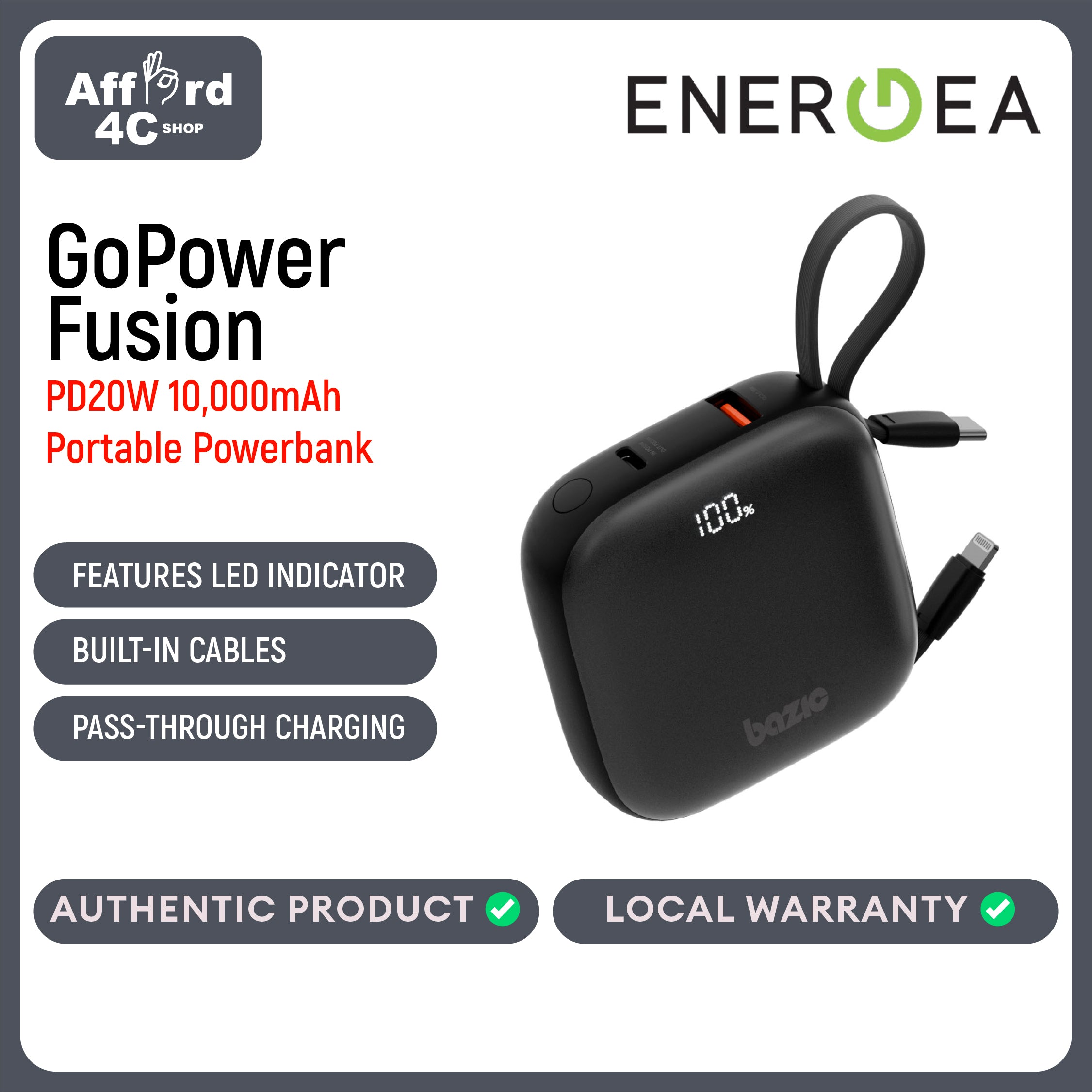 Bazic GoPower Fusion, 3In1 10000Mah Powerbank with Built-In USB-C and Lightning Cable