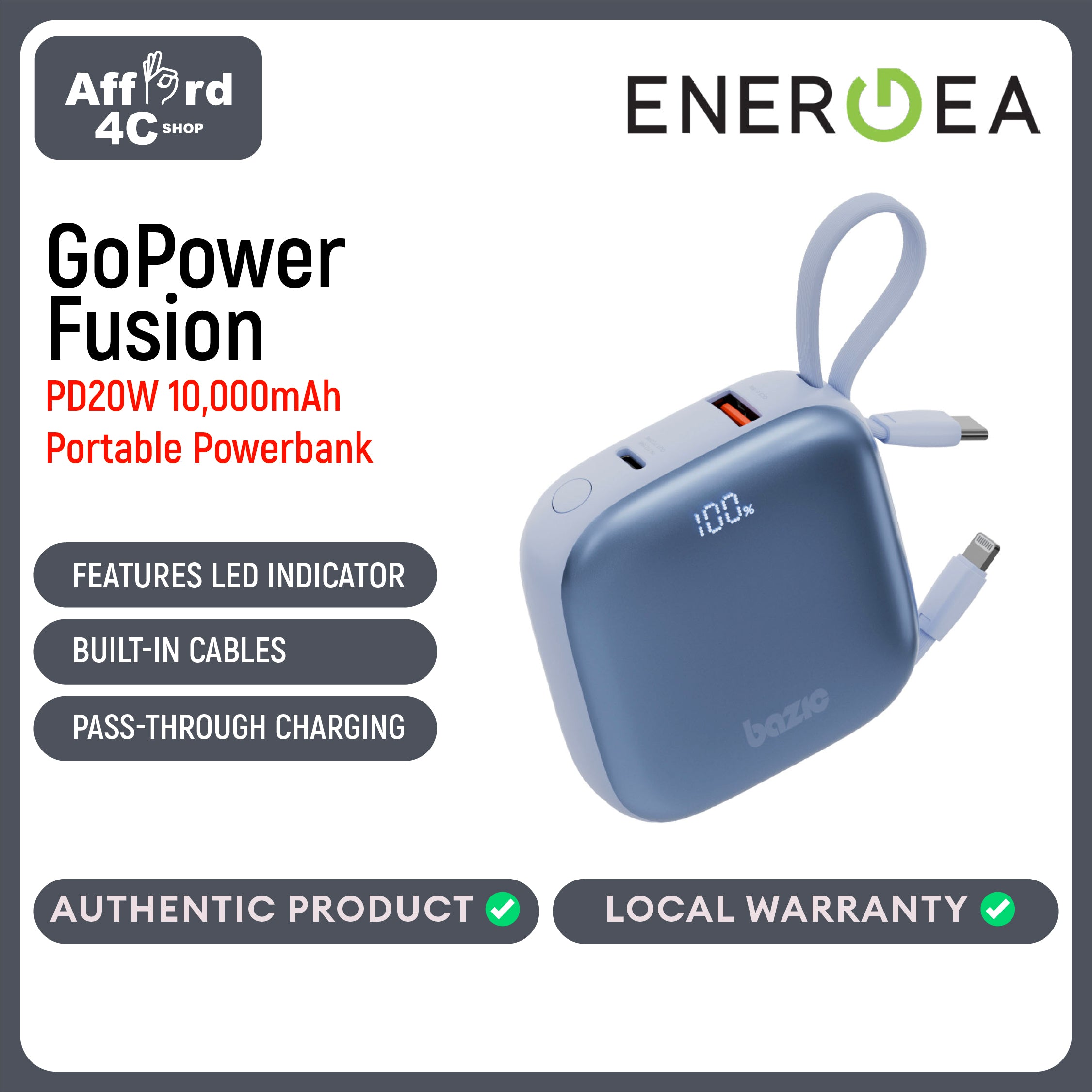 Bazic GoPower Fusion, 3In1 10000Mah Powerbank with Built-In USB-C and Lightning Cable