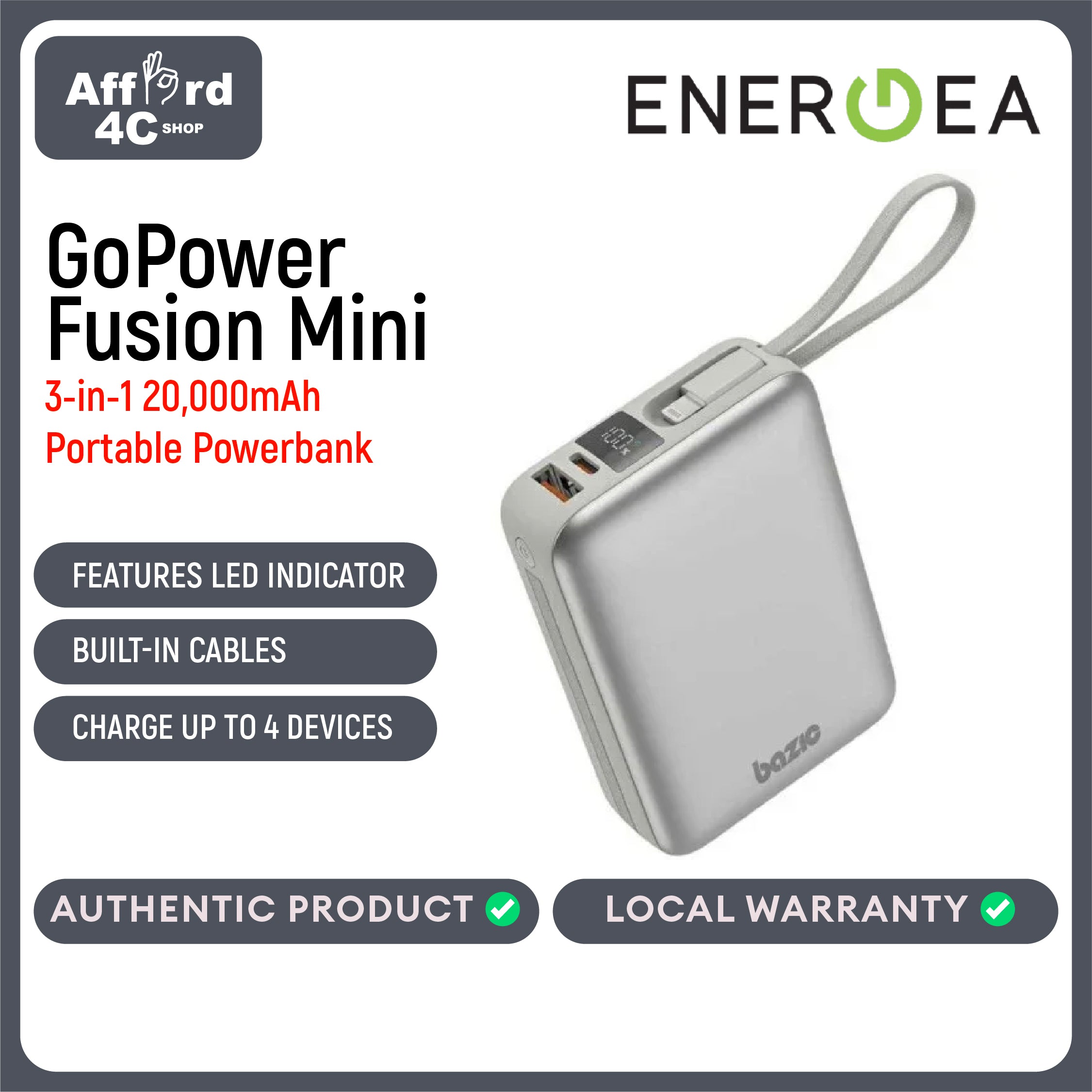 Bazic GoPower Fusion Mini 20K, 3In1 20000Mah Powerbank with Built-In USB-C and Lightning Cable