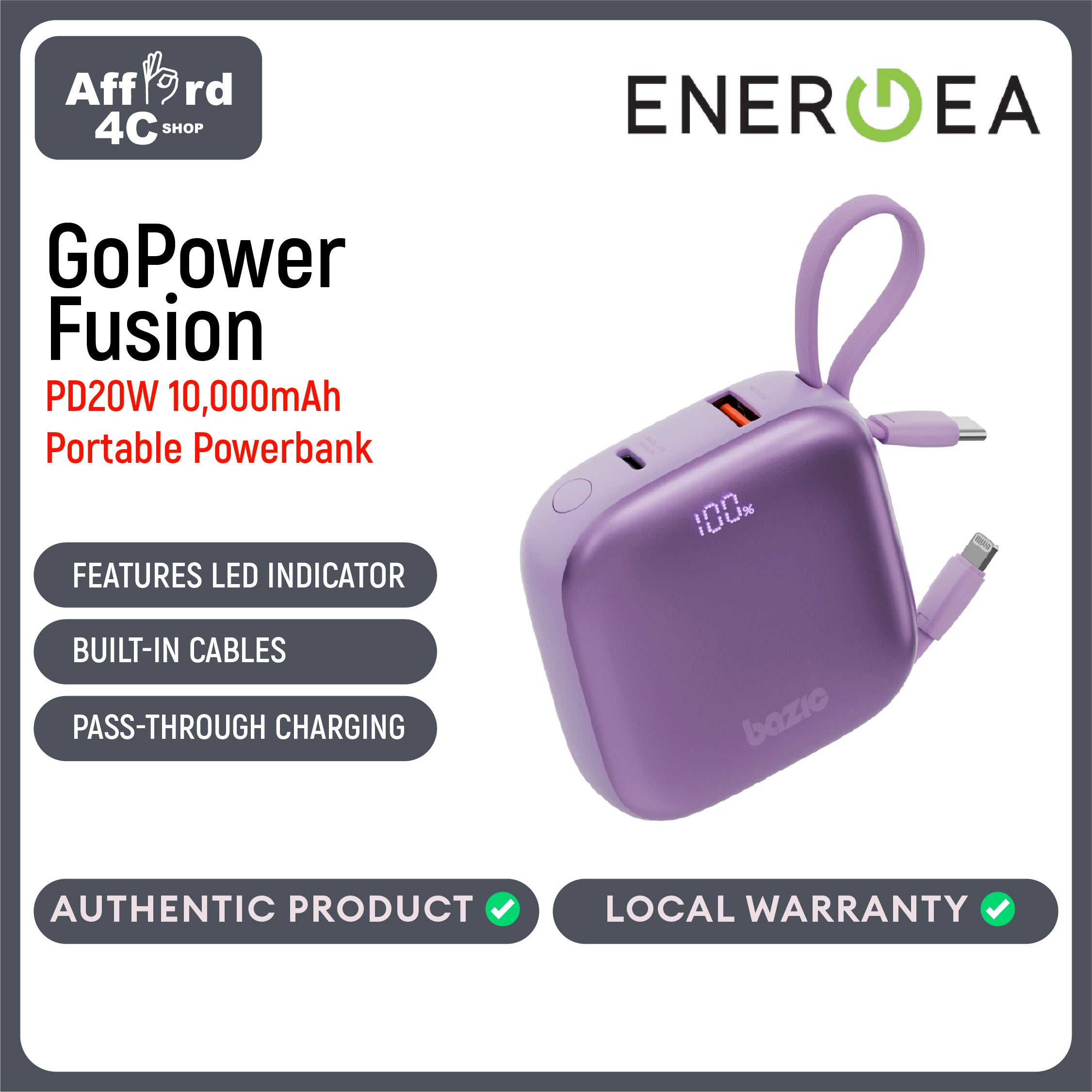Bazic GoPower Fusion, 3In1 10000Mah Powerbank with Built-In USB-C and Lightning Cable