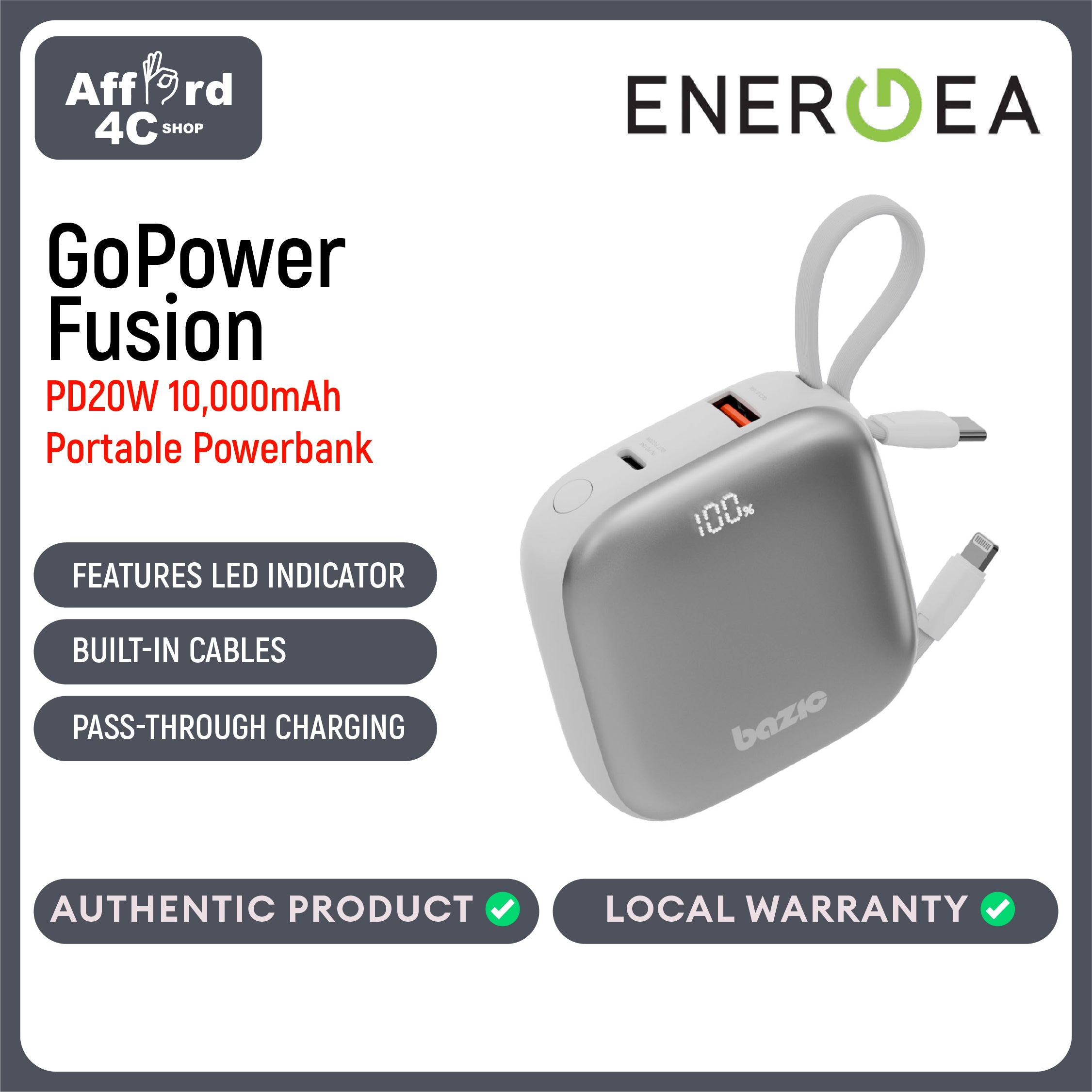 Bazic GoPower Fusion, 3In1 10000Mah Powerbank with Built-In USB-C and Lightning Cable