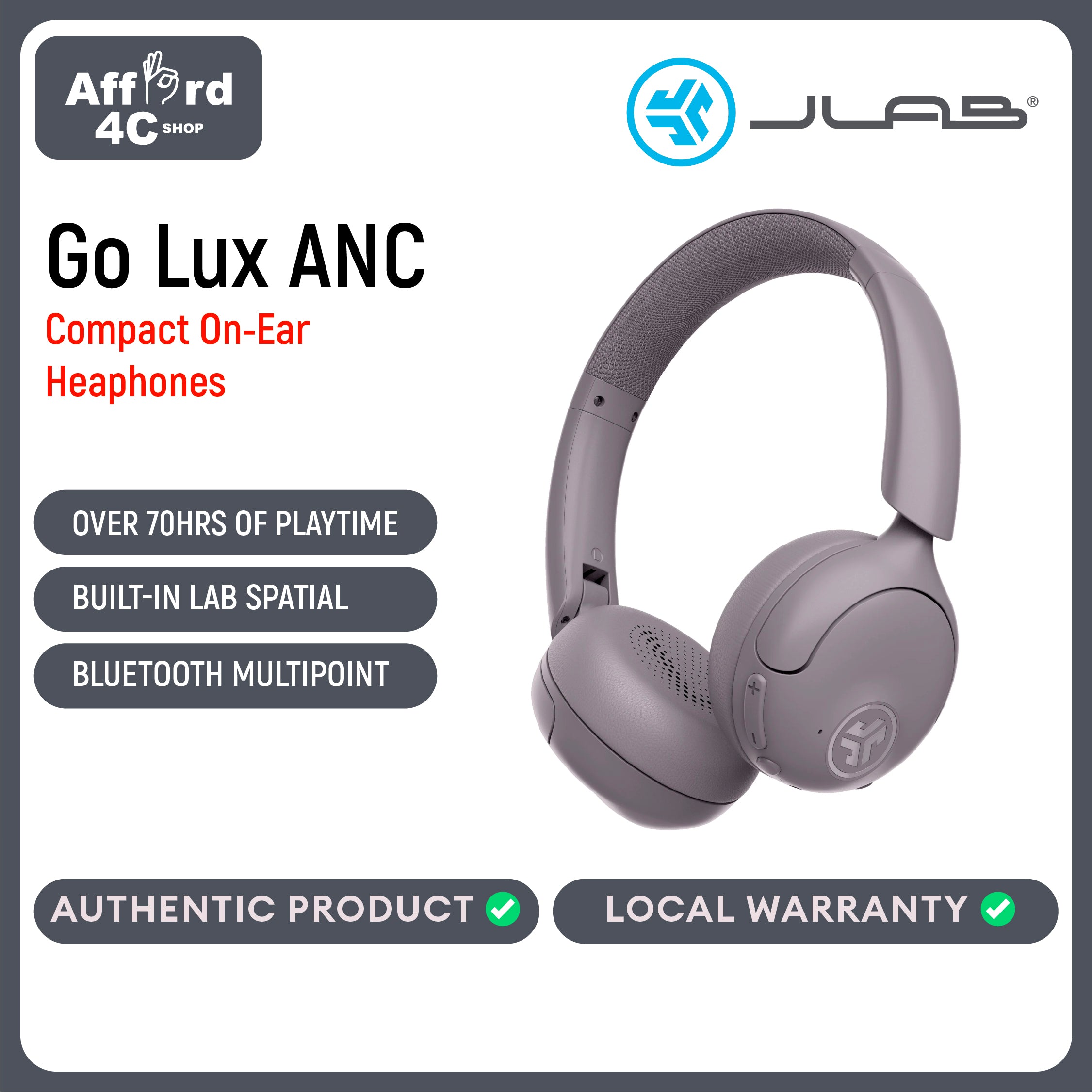 JLab Go Lux ANC Wireless Headphones, Graphite, Hybrid Active Noise Cancelling, Premium On-Ear Bluetooth Headset, Customizable Sound, Be Aware Mode, Cloud Foam Comfort, Multipoint Connection