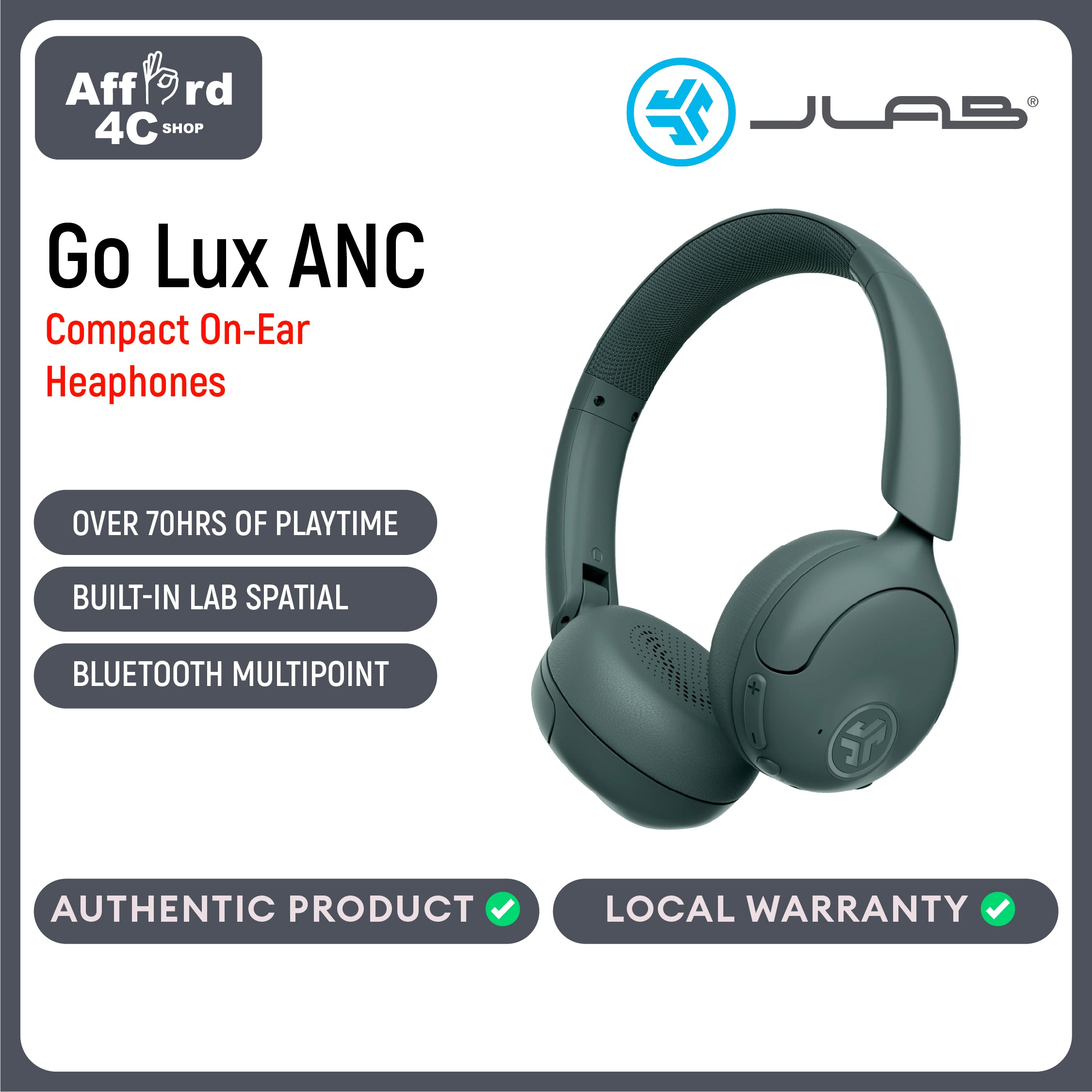 JLab Go Lux ANC Wireless Headphones, Graphite, Hybrid Active Noise Cancelling, Premium On-Ear Bluetooth Headset, Customizable Sound, Be Aware Mode, Cloud Foam Comfort, Multipoint Connection