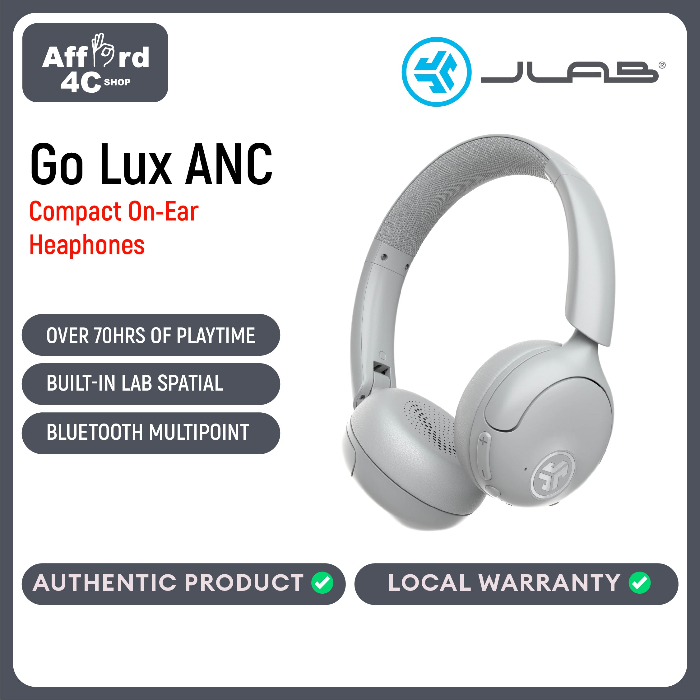 JLab Go Lux ANC Wireless Headphones, Graphite, Hybrid Active Noise Cancelling, Premium On-Ear Bluetooth Headset, Customizable Sound, Be Aware Mode, Cloud Foam Comfort, Multipoint Connection