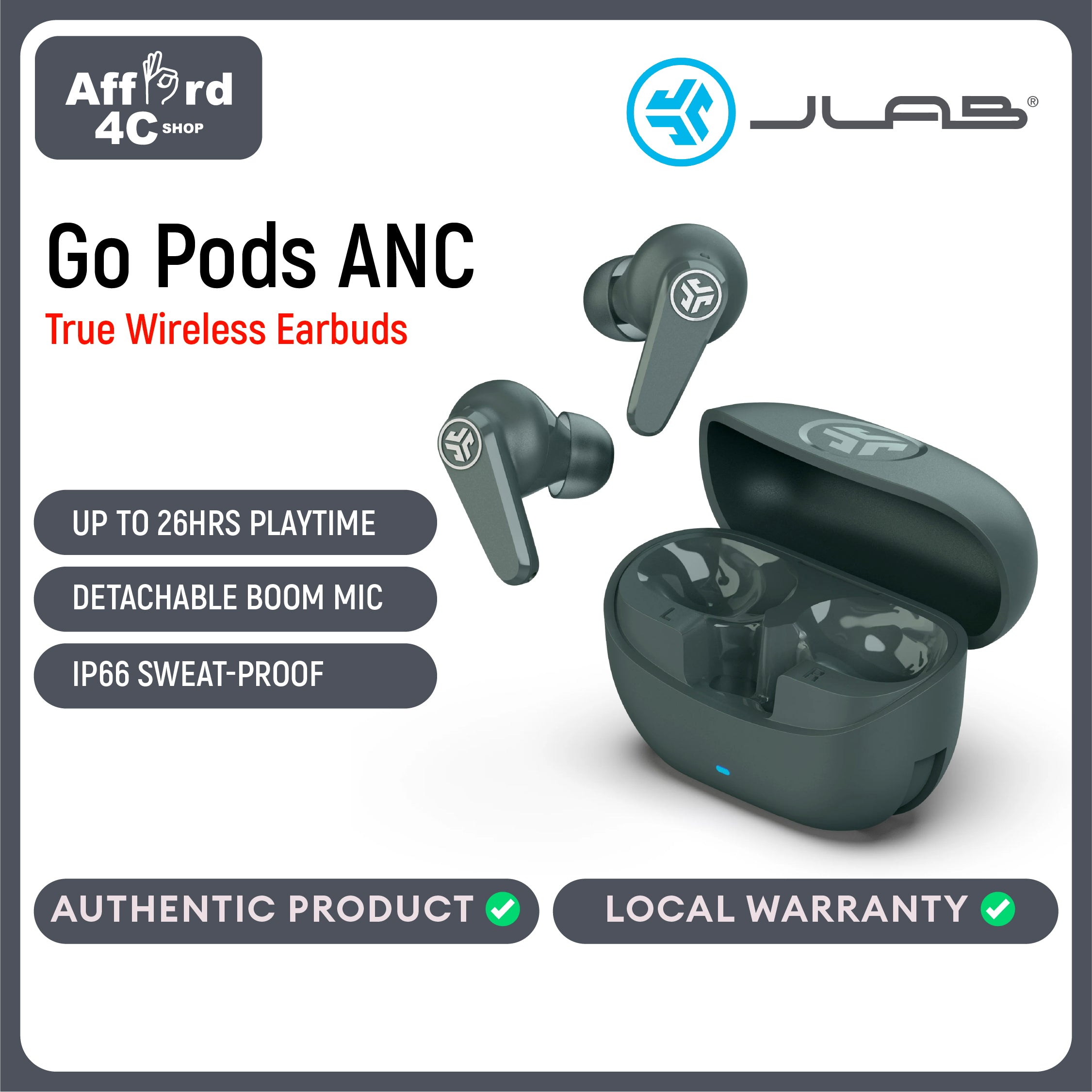 JLab Go Pods ANC True Wireless Bluetooth Earbuds & Charging Case, Black, Hybrid Active Noise canceling + Be Aware for Safe Listening, 26+ Hours Total Playtime, Clear Calls, Custom Sound via App