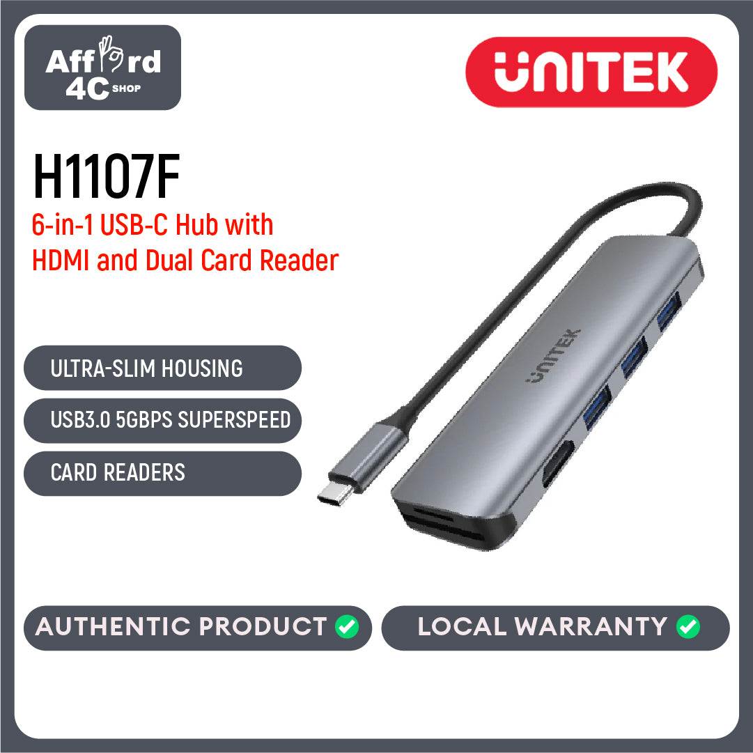 Unitek H1107F 6-IN-1 USB-C to USB-A*3-Port Hub + HDMI + Dual Card Reader Connector
