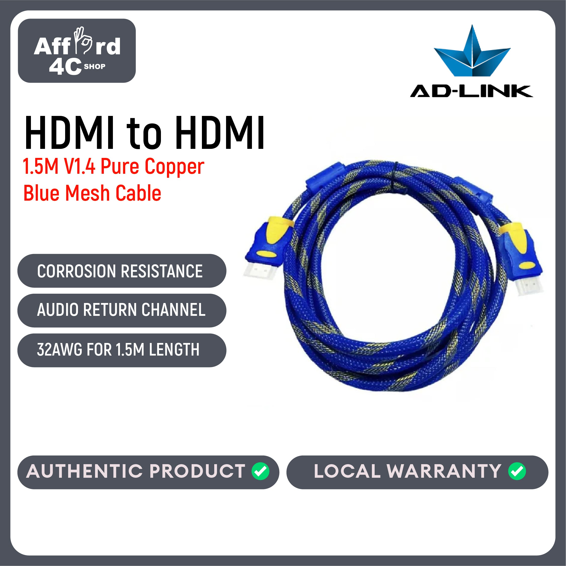 AD-Link HDMI to HDMI V1.4 Pure Copper Blue Mesh Cable 1.5M