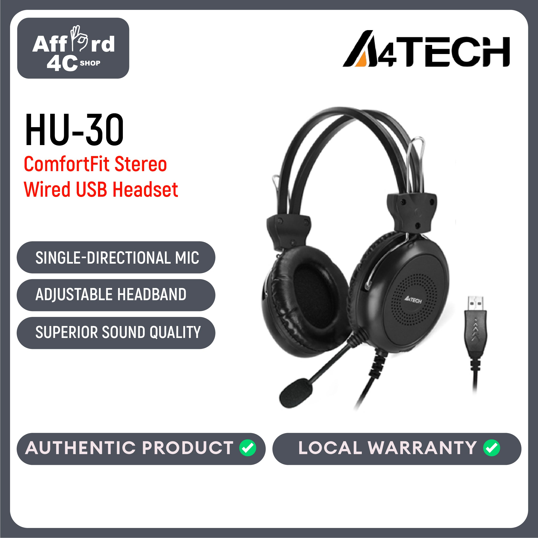 A4tech HU-30 ComfortFit Stereo USB Headset