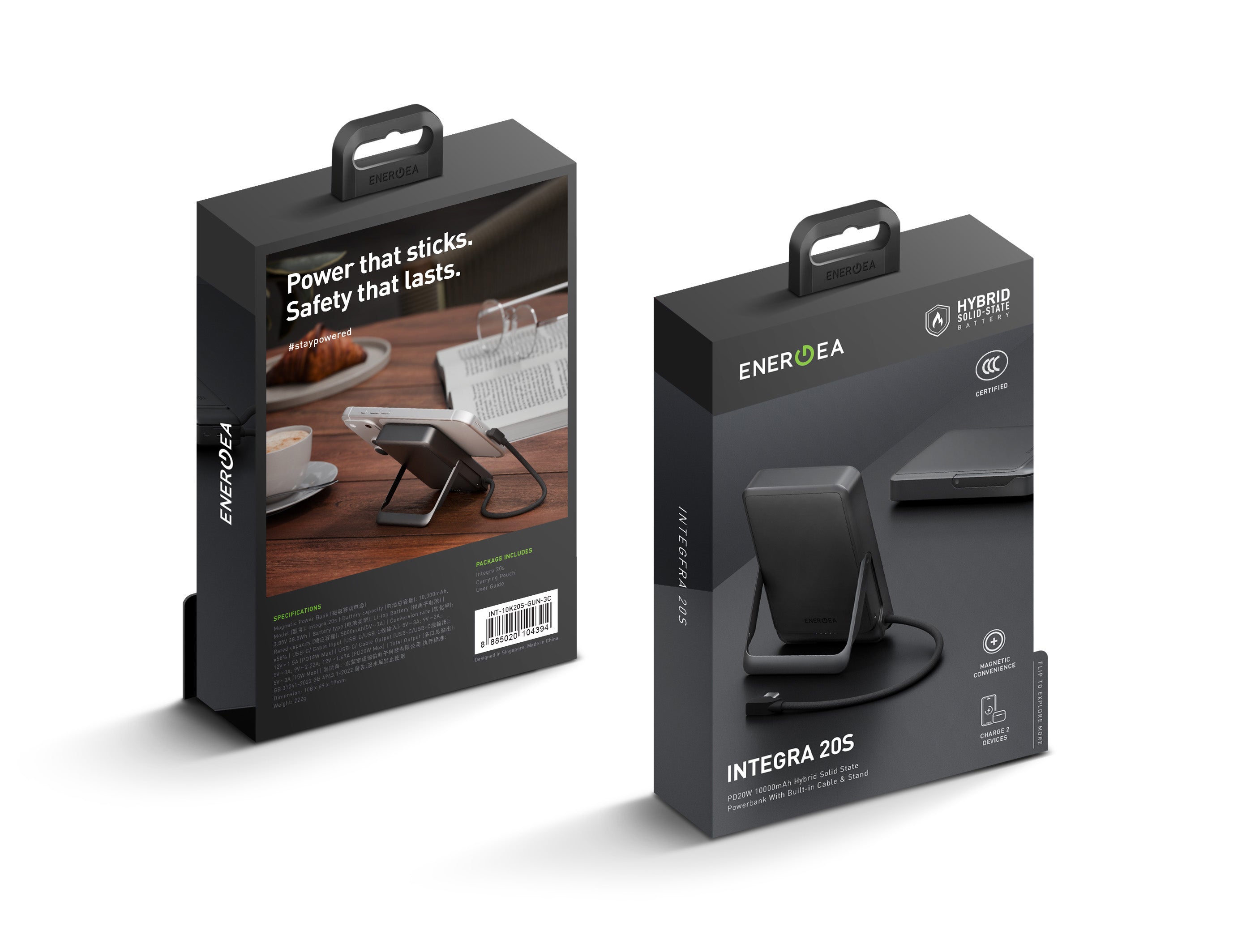 Energea Integra 20S, 10000Mah Semi Solid State Power Bank With Built-In Cable And Stand Pd20W - Gun/Blk