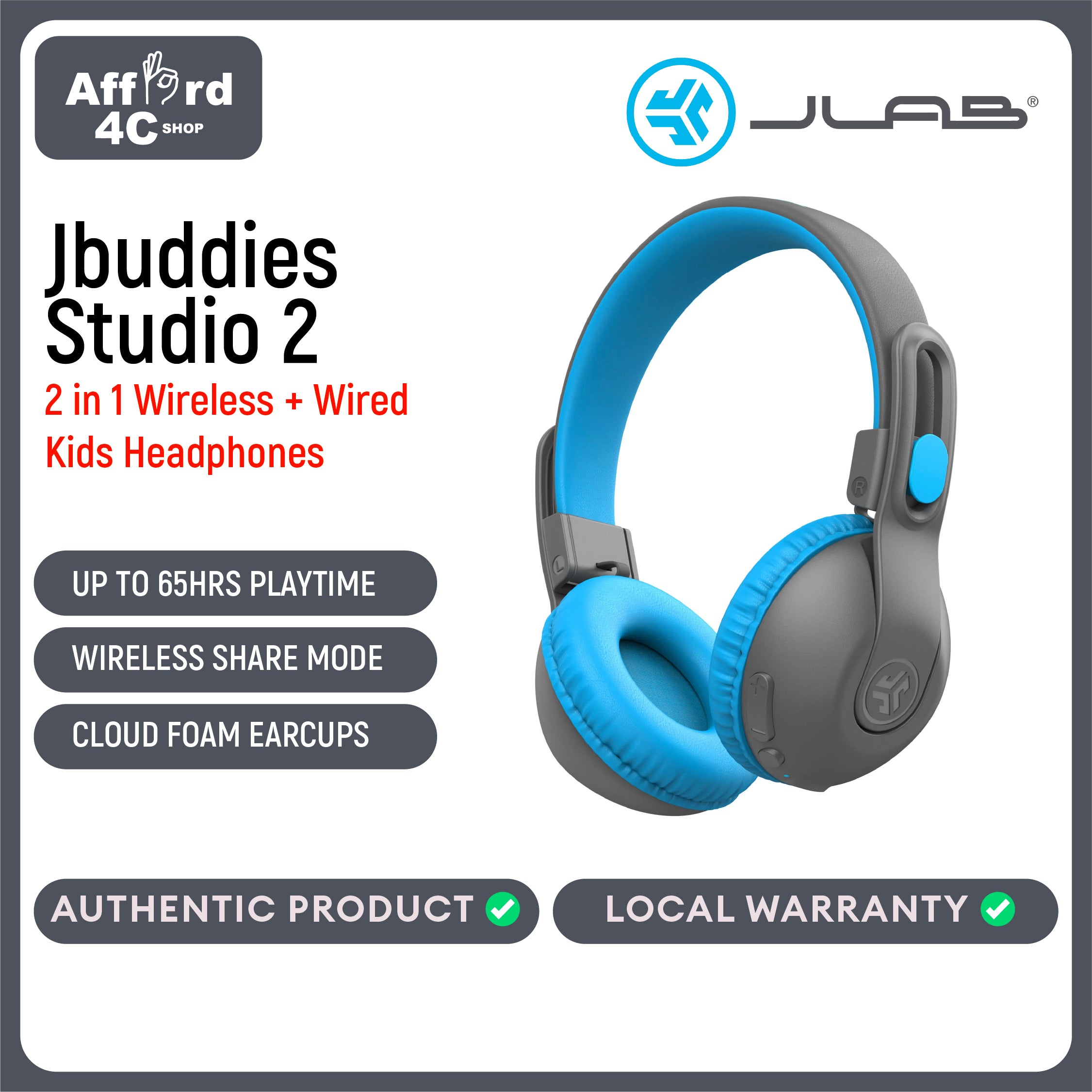 JLab JBuddies Studio 2 On-Ear Kids Wired Headphones Toddler Headphones Kid Safe Studio Volume Safe Volume Limiter Folding Adjustable Noise Isolation with Mic