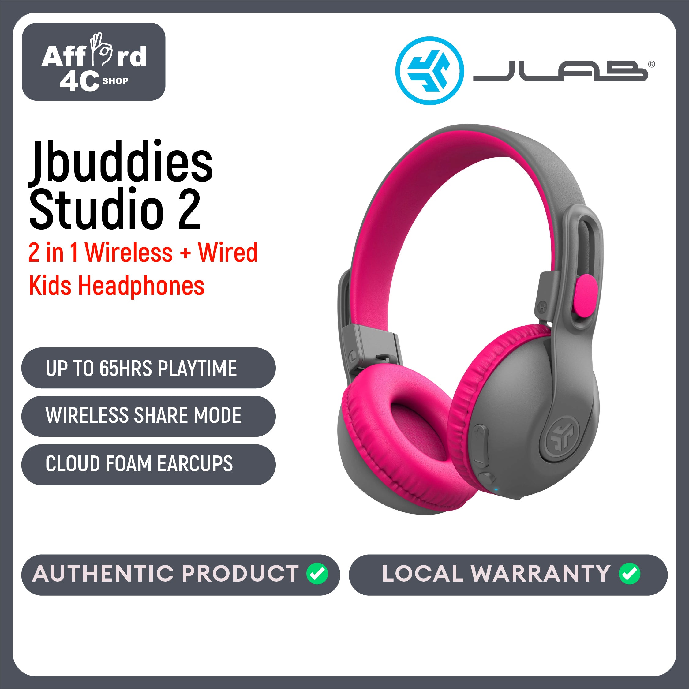 JLab JBuddies Studio 2 On-Ear Kids Wired Headphones Toddler Headphones Kid Safe Studio Volume Safe Volume Limiter Folding Adjustable Noise Isolation with Mic