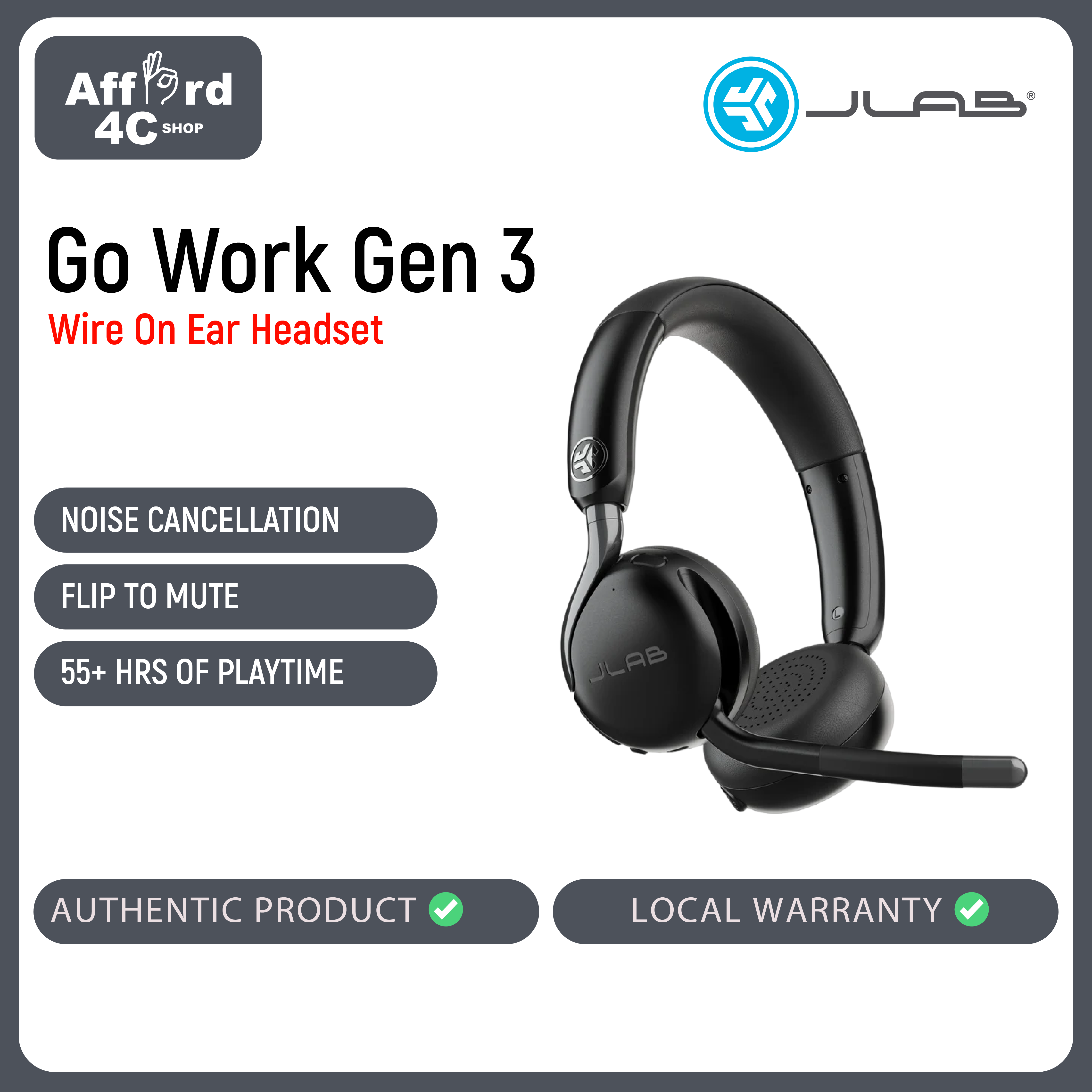JLab Go Work Gen 3 Wireless Headset with Microphone – 55+ Hour Playtime Bluetooth Work Headphones, Noise Cancelling Boom Mic, USB-C Dongle, Multipoint for PC, Laptop & Mobile – Wired or Wireless