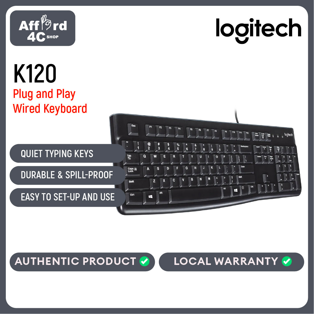 Logitech K120 Wired Keyboard for Windows, USB Plug-and-Play, Full-Size, Spill Resistant, Curved Spac