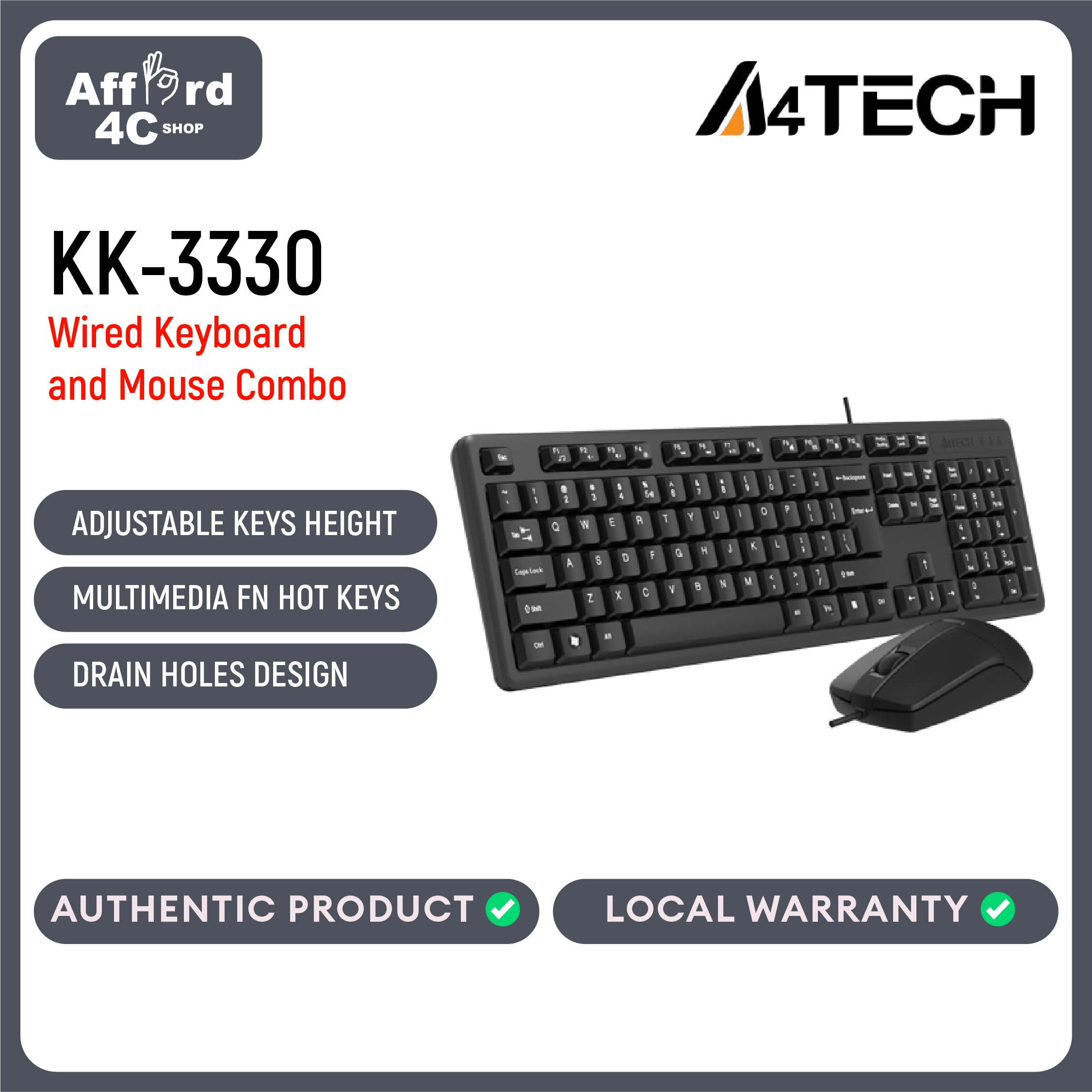 A4Tech KK-3330 Multimedia FN Desktop USB Keyboard And Mouse Combo