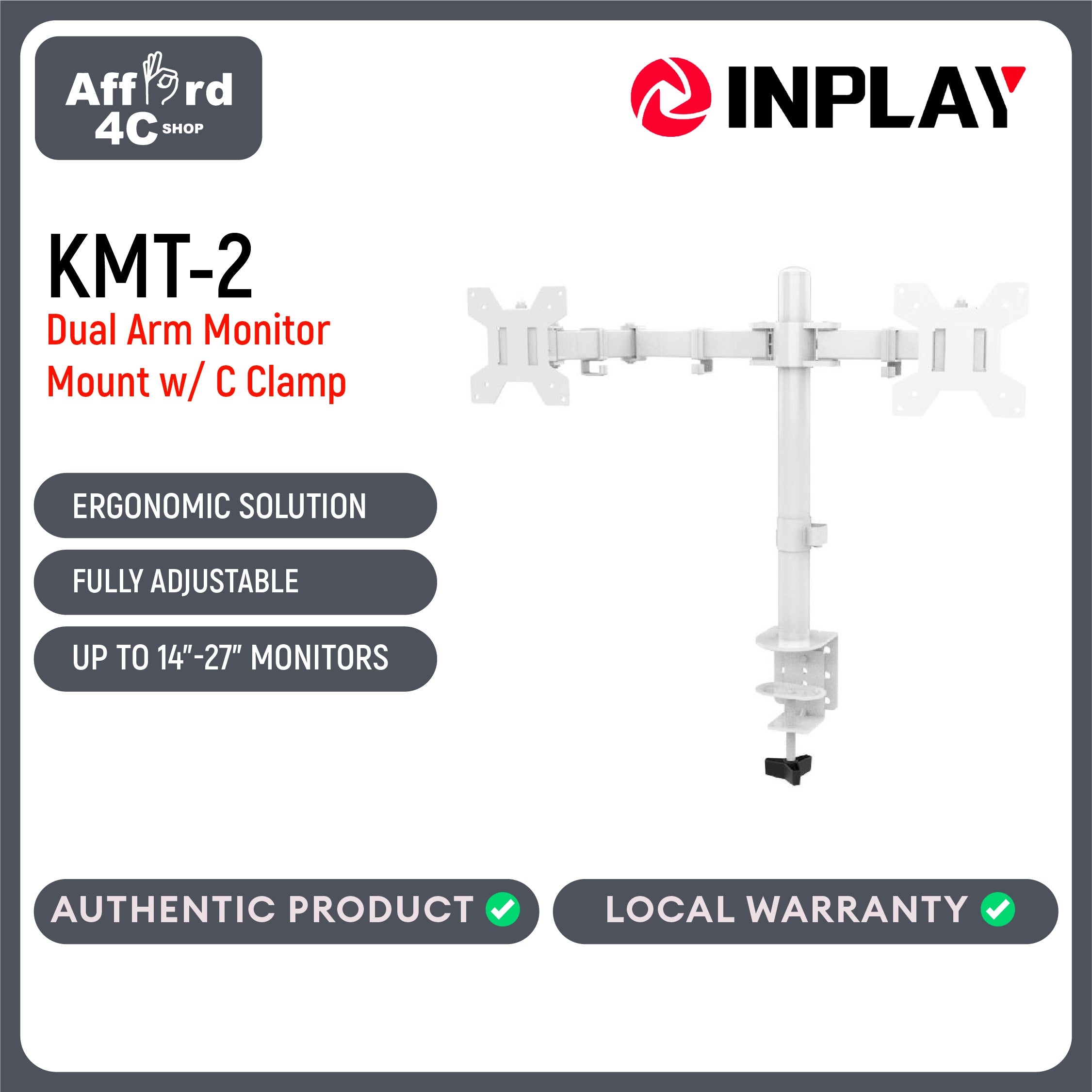 Inplay KMT-2 Dual Arm Monitor Mount 13-27" Fully Adjustable with C Clamp Stand
