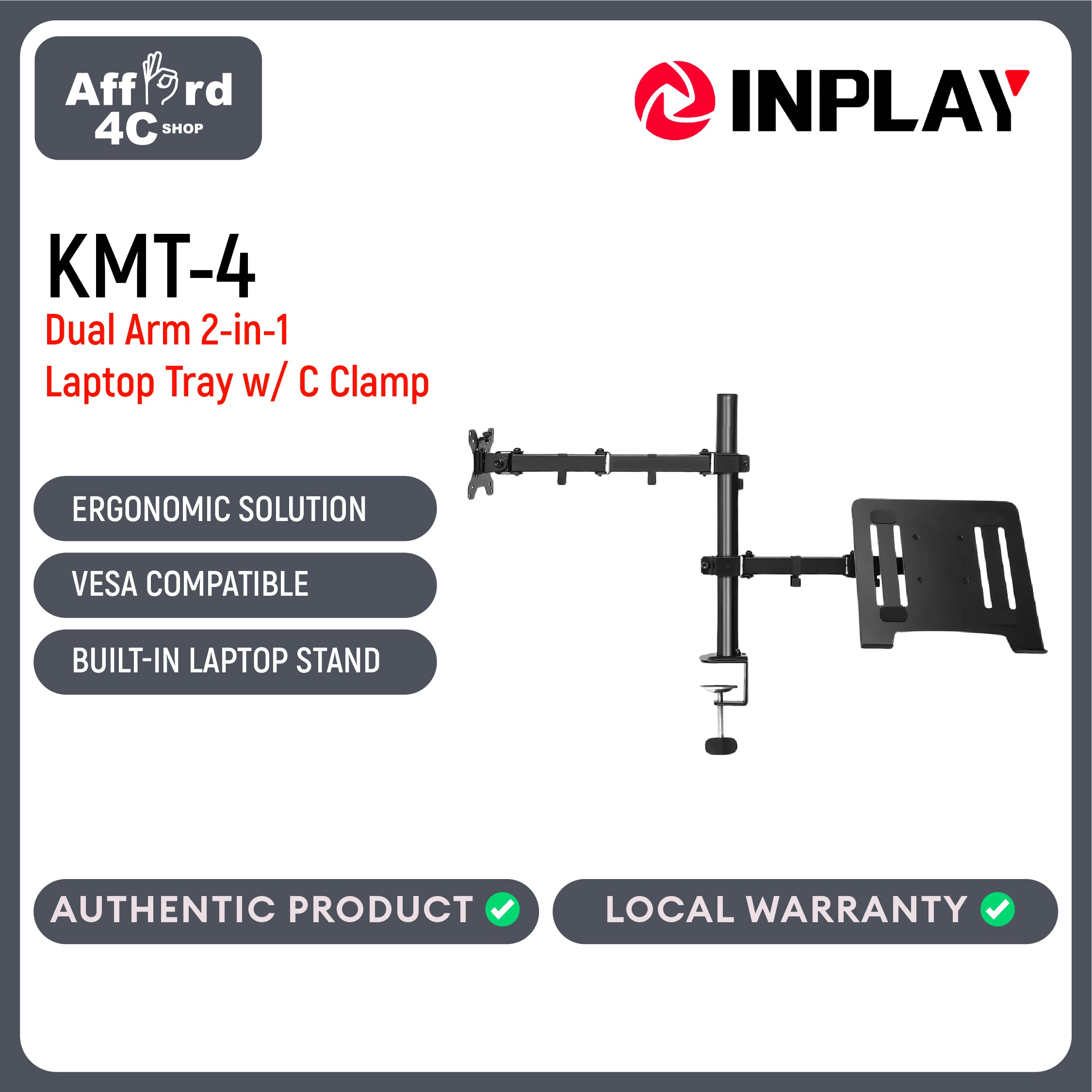 Inplay KMT-4 Dual Arm 2-in-1 Laptop Tray with 13-27" Monitor Mount