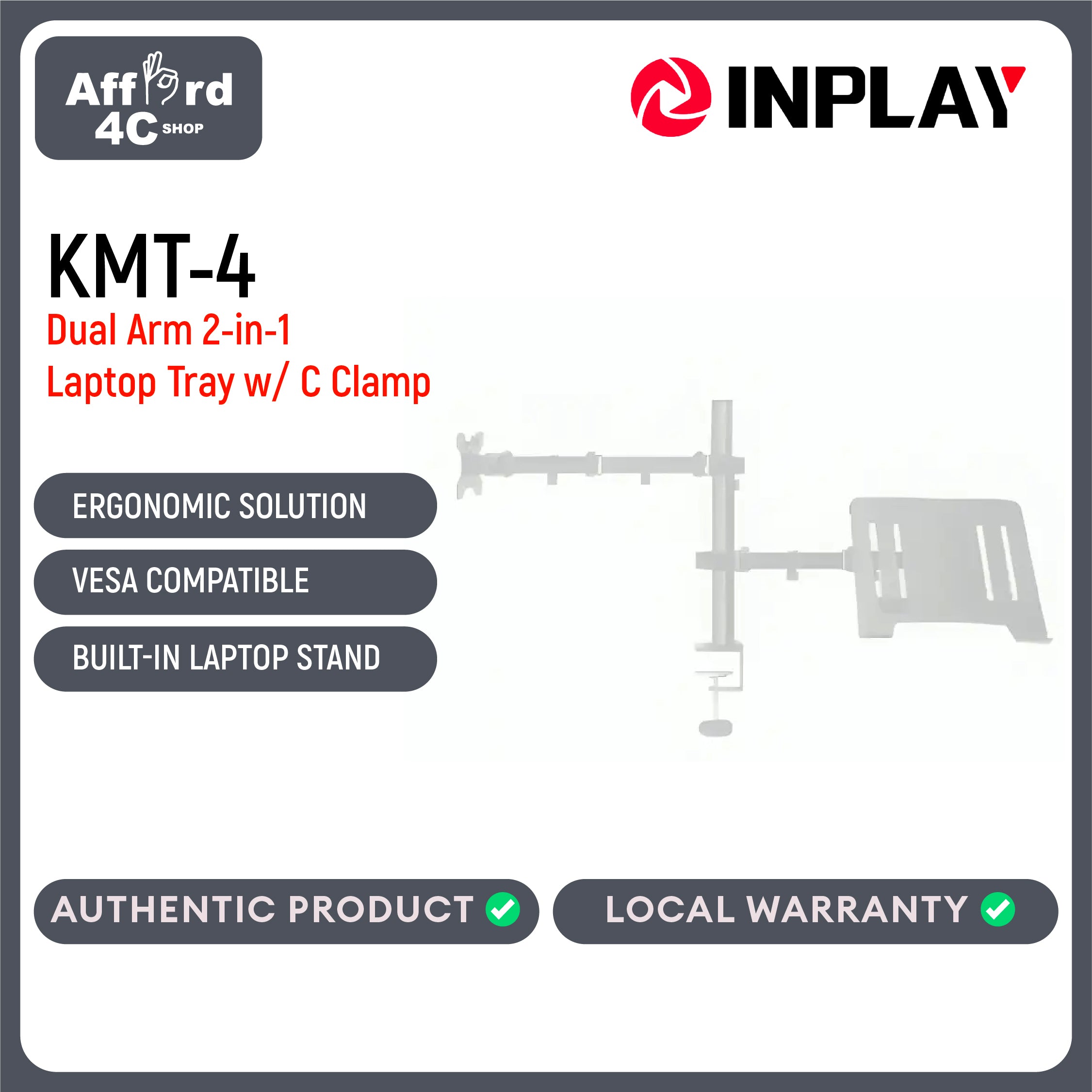 Inplay KMT-4 Dual Arm 2-in-1 Laptop Tray with 13-27" Monitor Mount