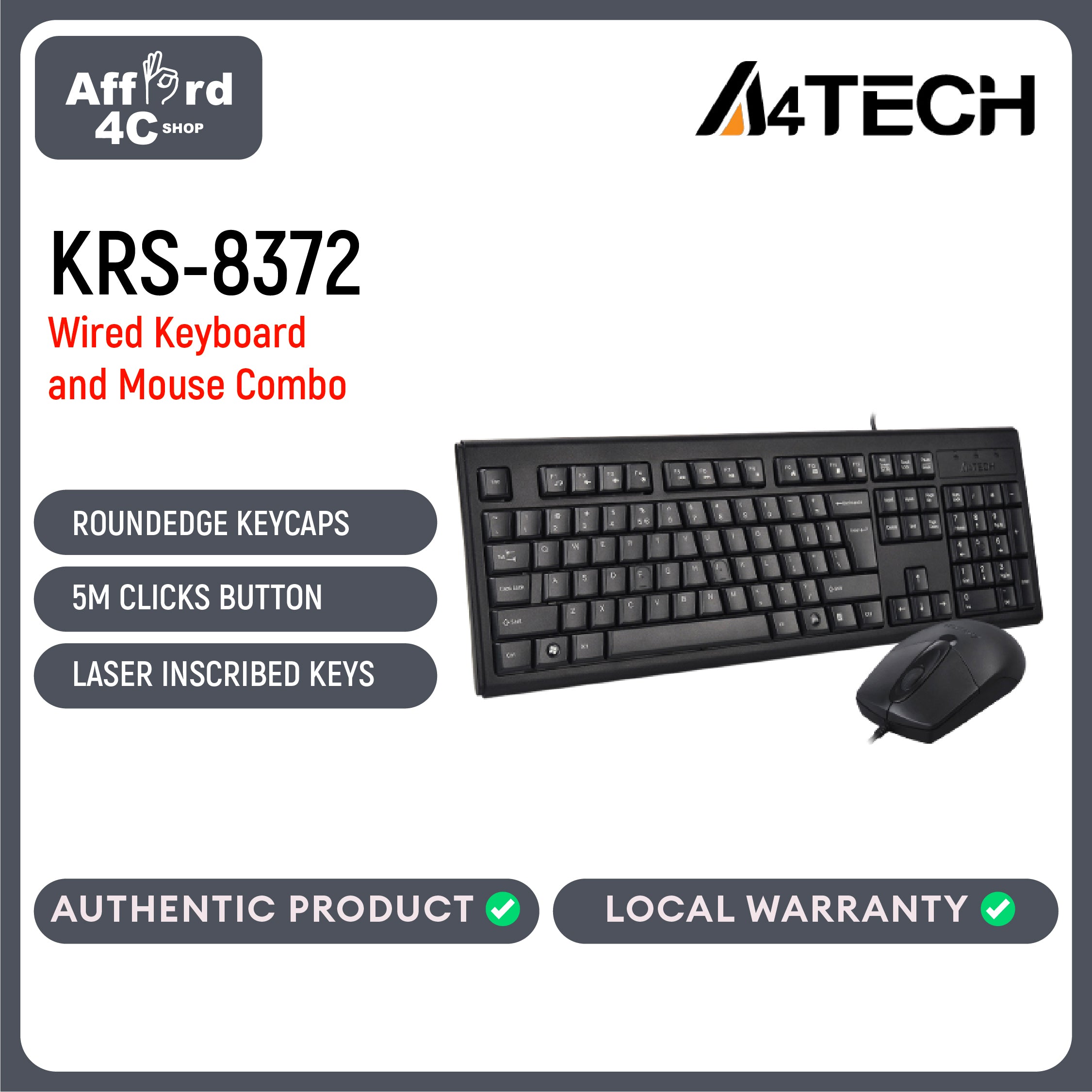 A4Tech KRS-8372 A-Shape USB Desktop Keyboard and Mouse Combo (Black)