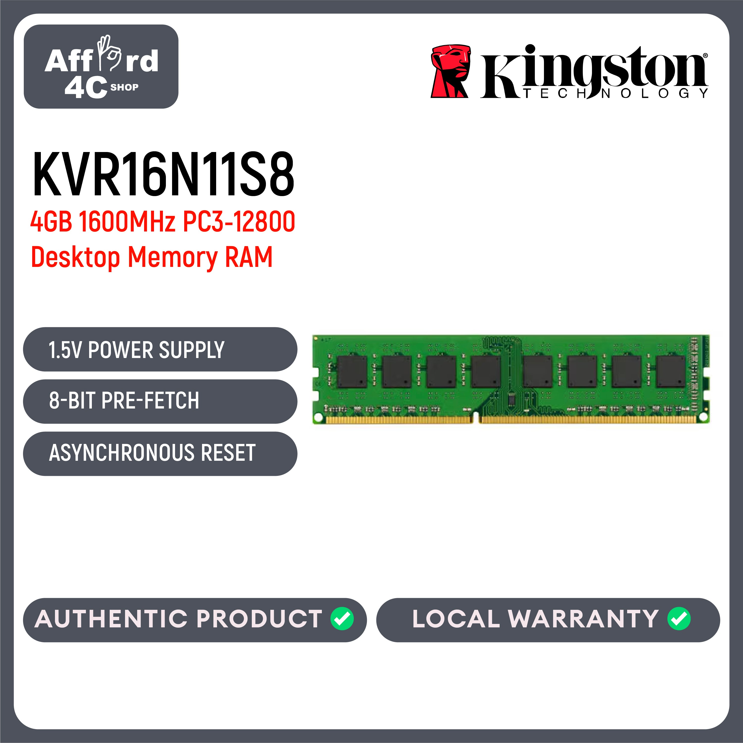 Kingston Value RAM 4GB 1600MHz PC3-12800 DDR3 Non-ECC CL11 240-Pin DIMM 1Rx8 Desktop Memory RAM [KVR16N11S8/4WP]