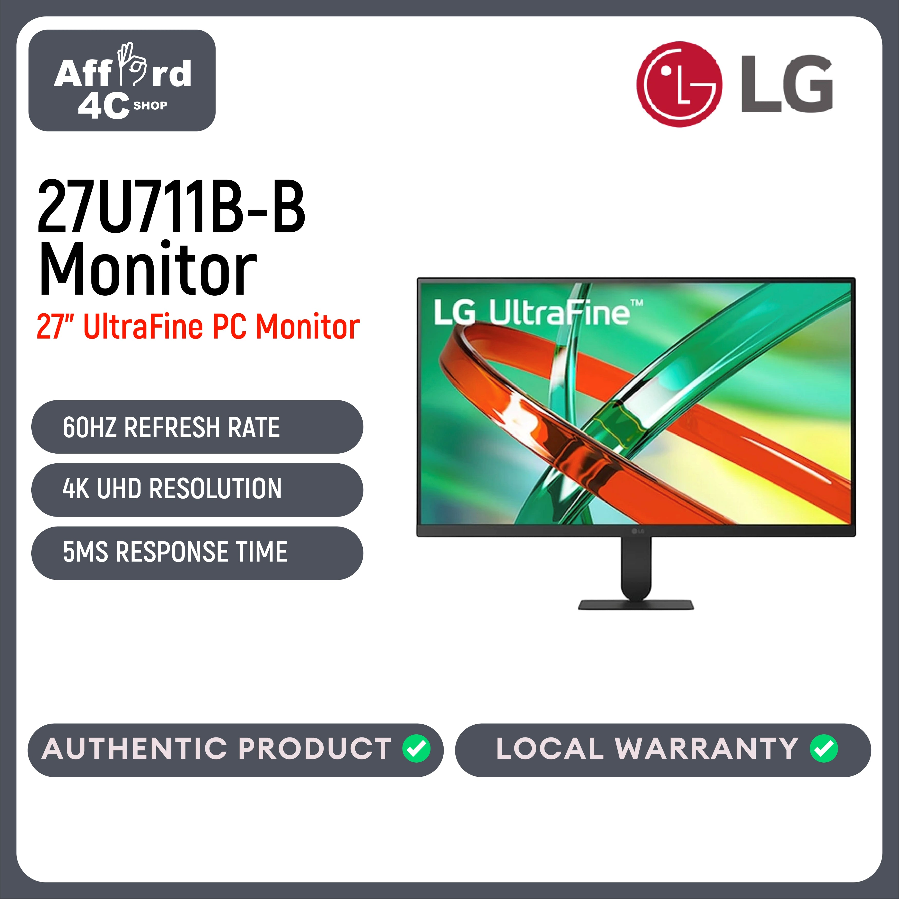 LG 27U711B-B 27" UltraFine PC Monitor | 3840 x 2160 Resolution | DCI-P3 90% (CIE 1976) |  60Hz